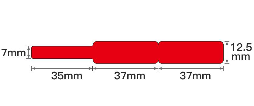 Rotes Objekt mit Maßen: 7mm Höhe, 35mm, 37mm, 37mm Länge.