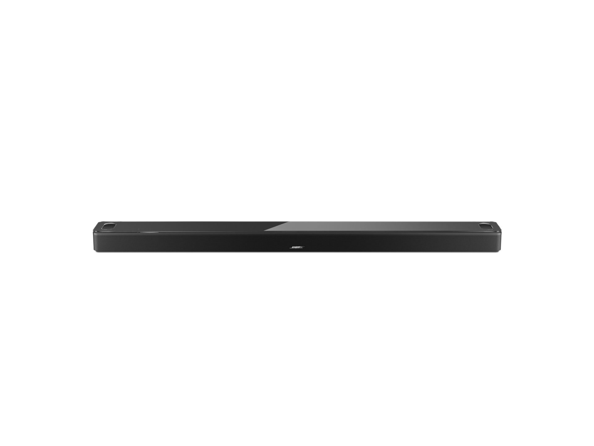 Schwarze Soundbar auf schwarzem Hintergrund. Sie hat eine rechteckige Form, zentriert im Rahmen.