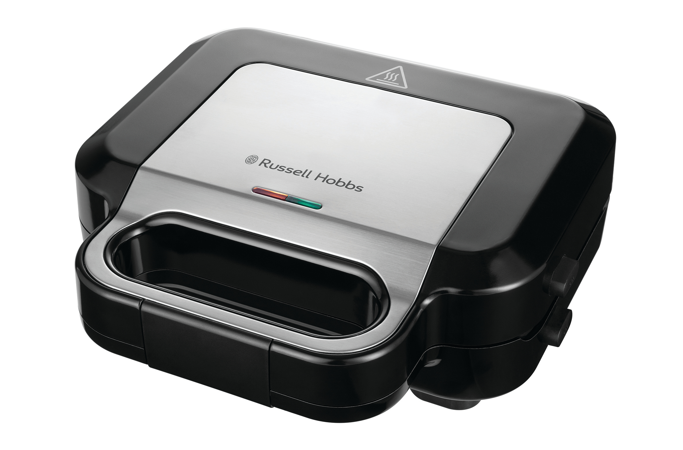 Schwarzer und silberner Russell Hobbs Sandwichmaker. Geschlossen, mit Griff und Betriebsanzeige.