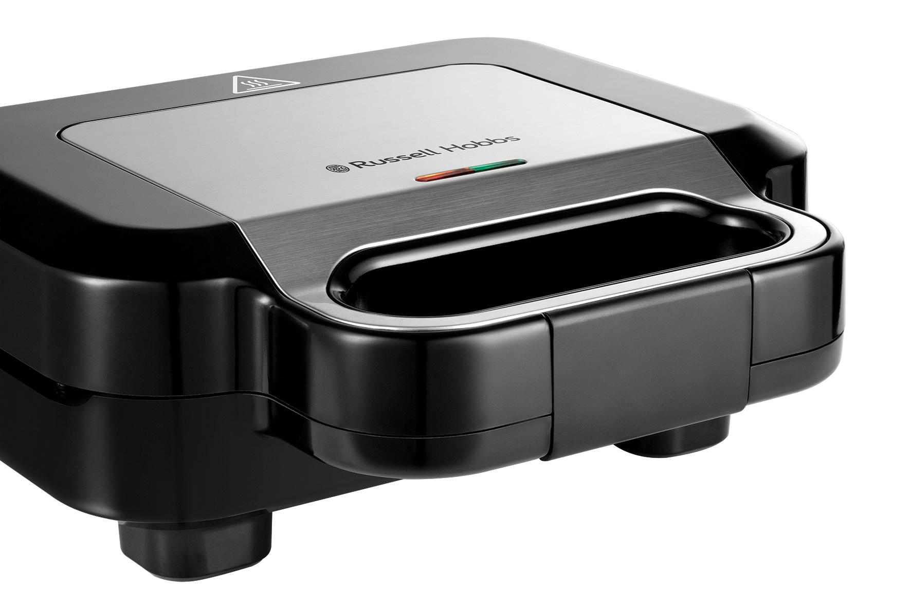 Schwarzer Russell Hobbs Sandwichmaker auf weißem Hintergrund. Oben ist das Markenlogo und ein grünes Licht.