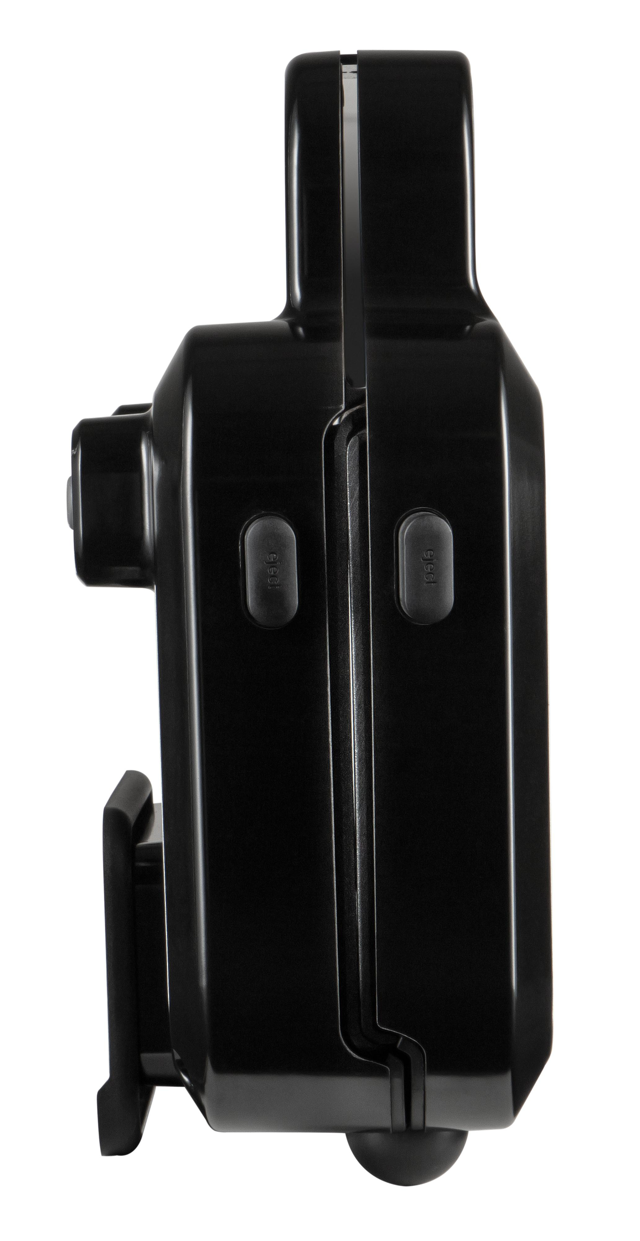Schwarzer Sandwichmaker, Seitenansicht, mit Knöpfen und Griff.