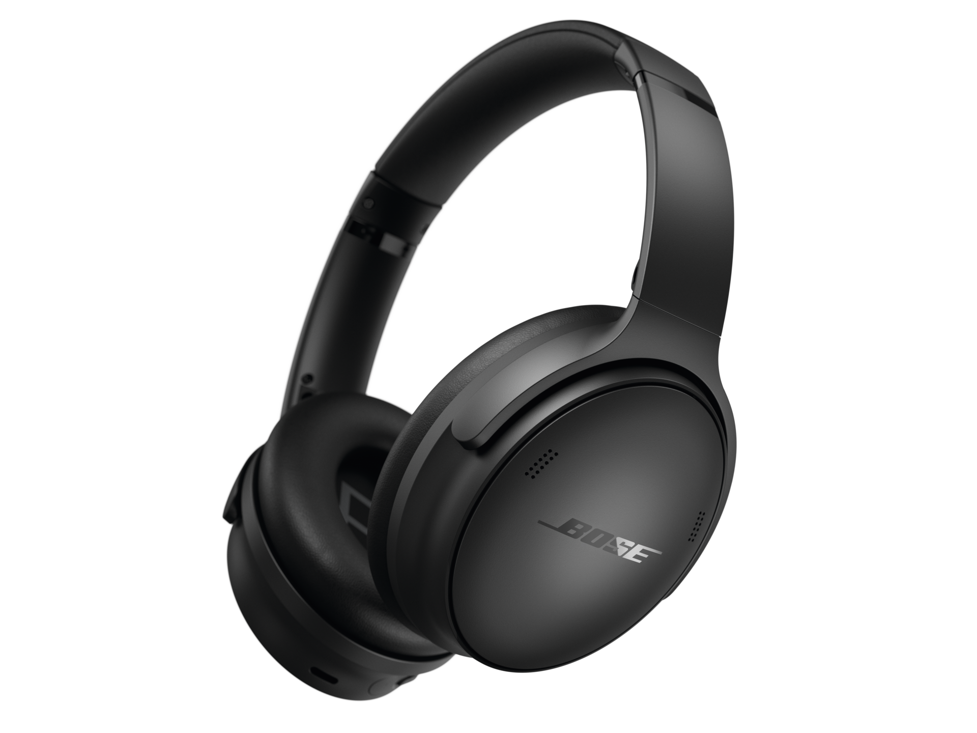 Schwarze Bose-Kopfhörer, Over-Ear-Design, auf schwarzem Hintergrund. Das Bose-Logo ist sichtbar.