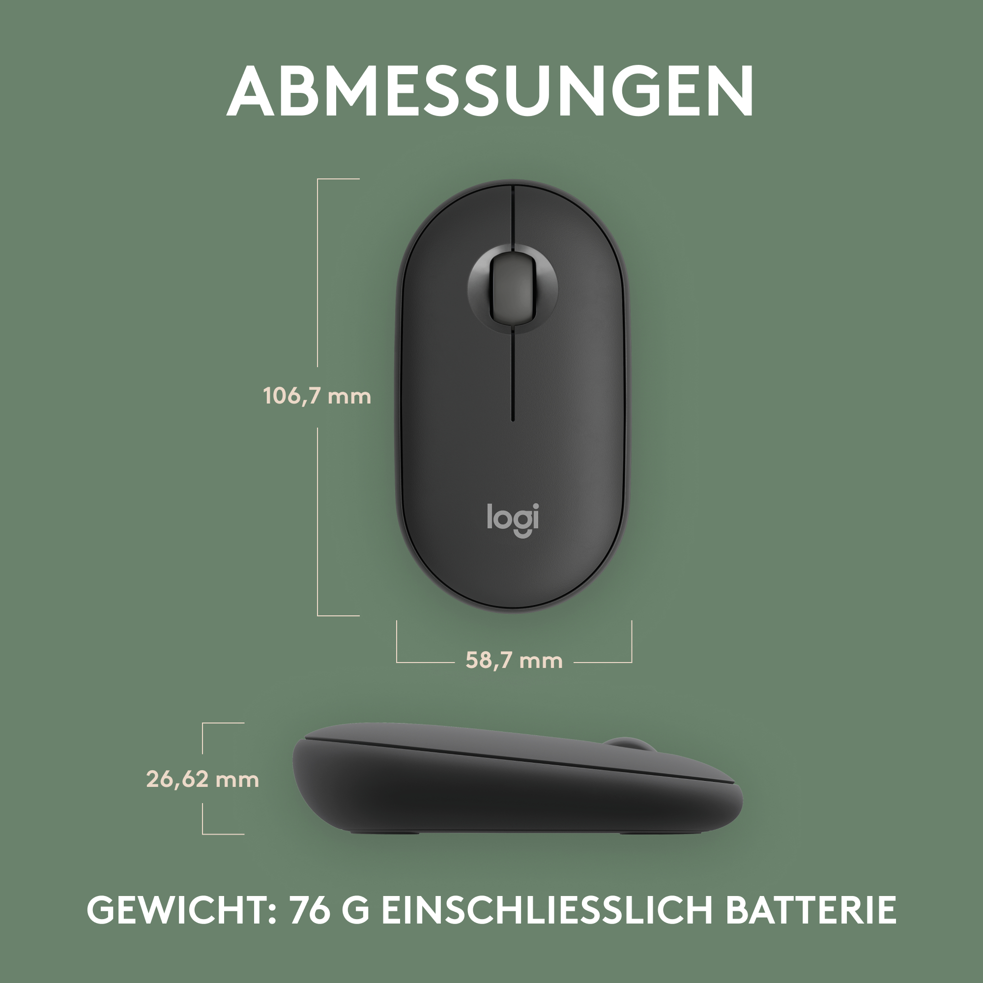 Logi-Maus, Draufsicht und Seitenansicht, Maße und Gewicht gezeigt.