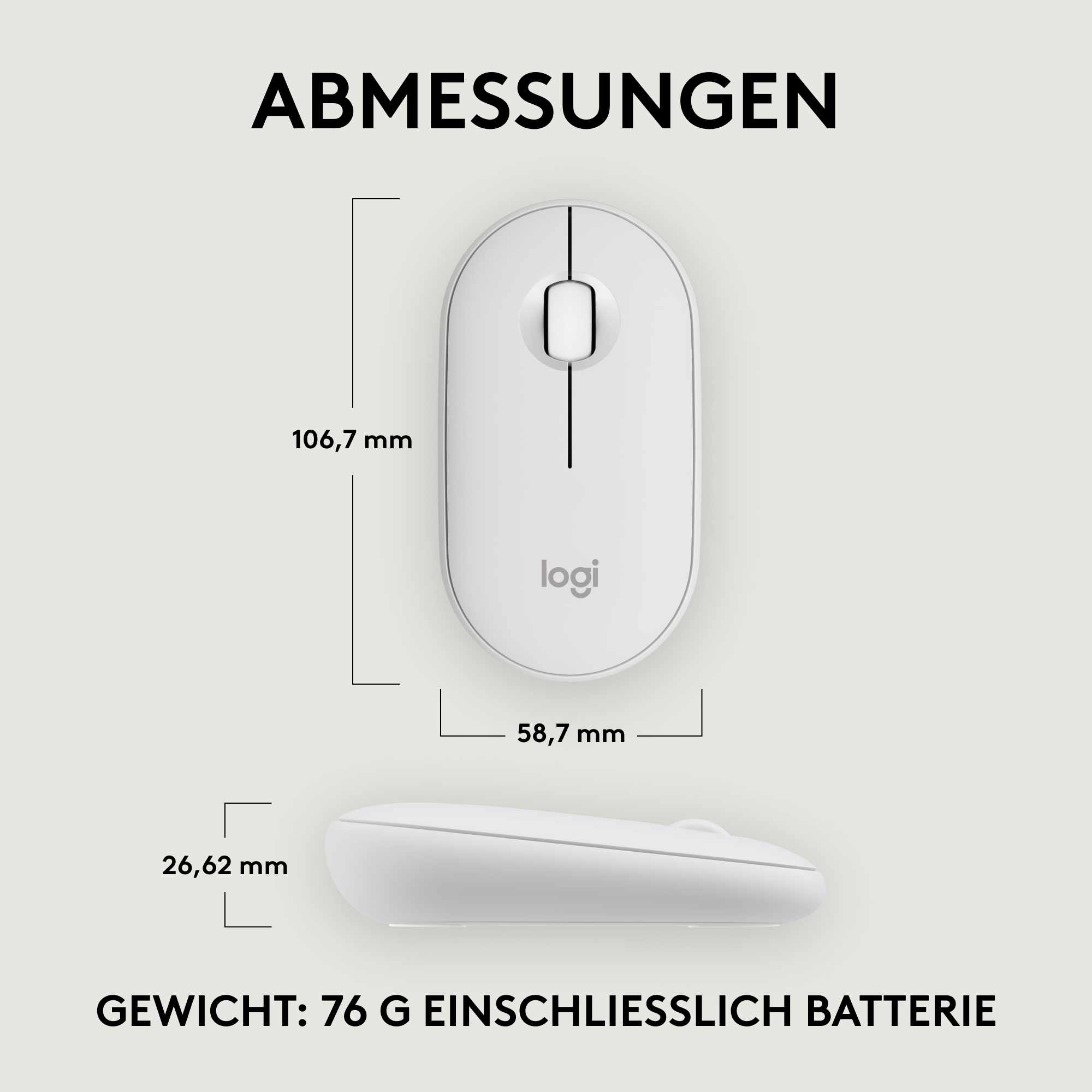 Weiße Maus mit einer Taste oben, mit Maßen.