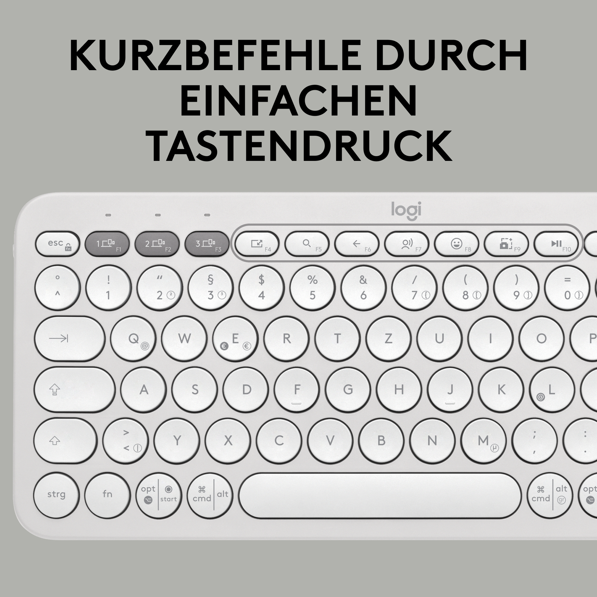 Weiße Tastatur mit schwarzen Tasten, Text über den Tasten. „Logi“ Logo oben rechts.