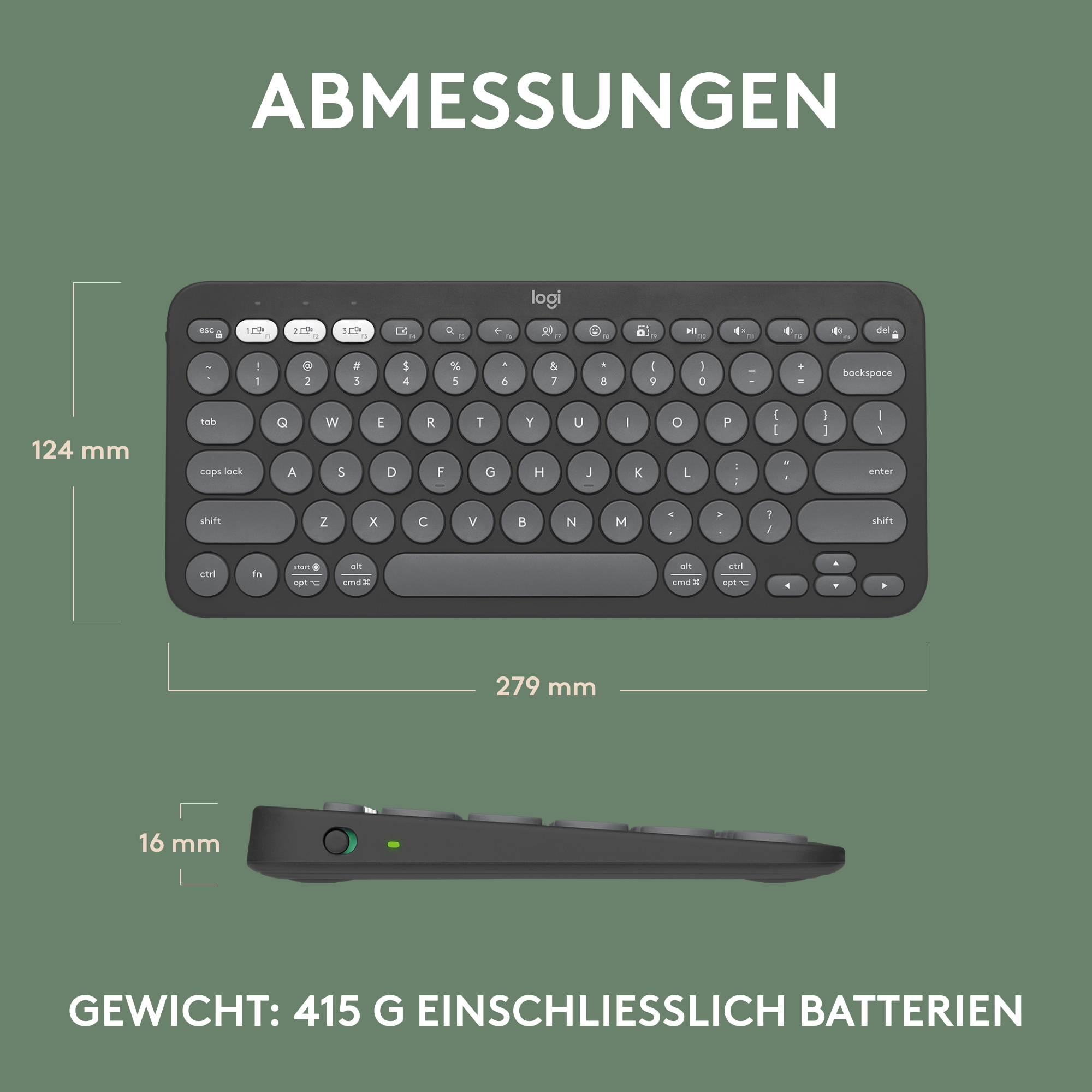Eine graue Tastatur. Abmessungen: 124 mm hoch, 279 mm breit und 16 mm dick.