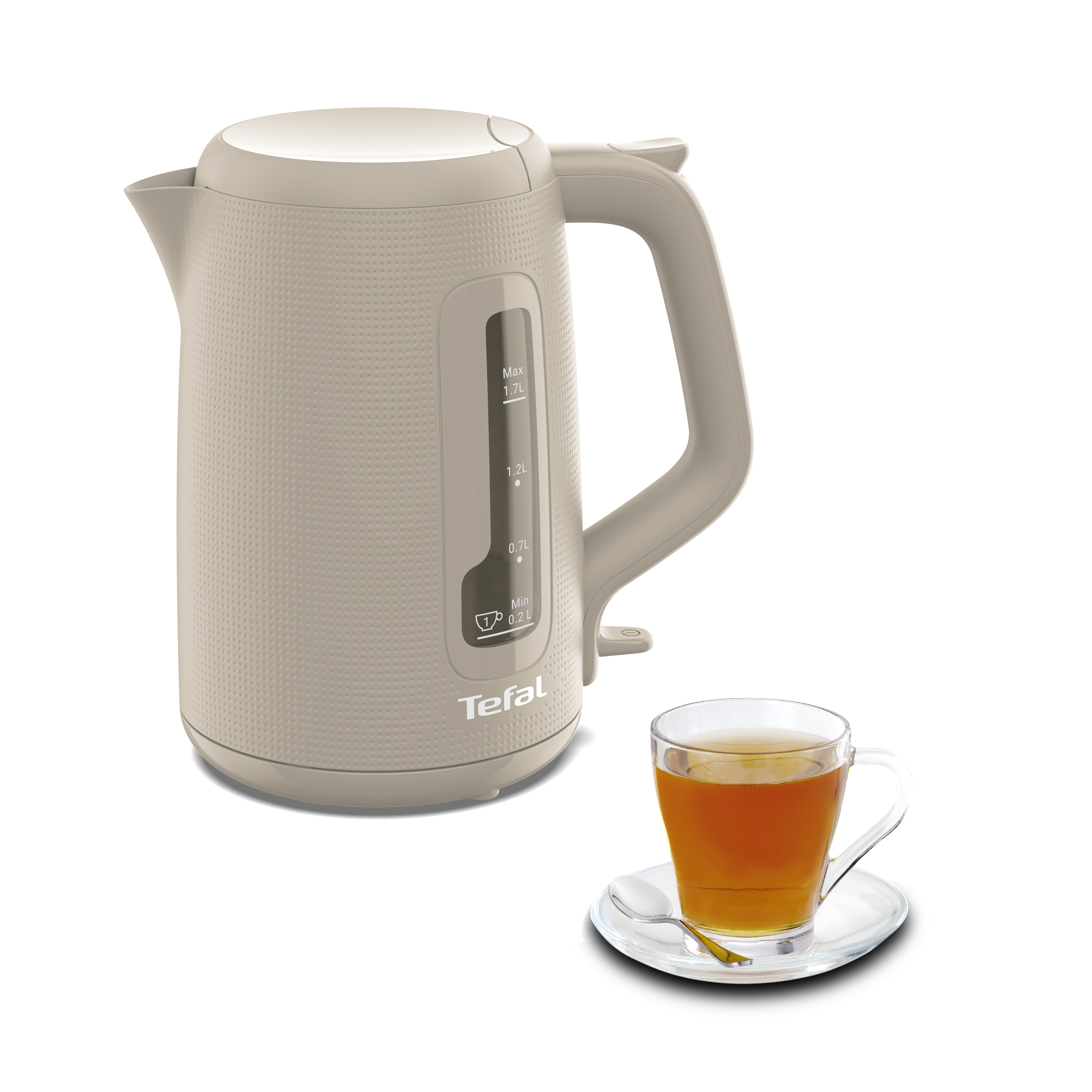 Beige elektrischer Wasserkocher mit klarer Wasserstandsanzeige und eine Tasse Tee.