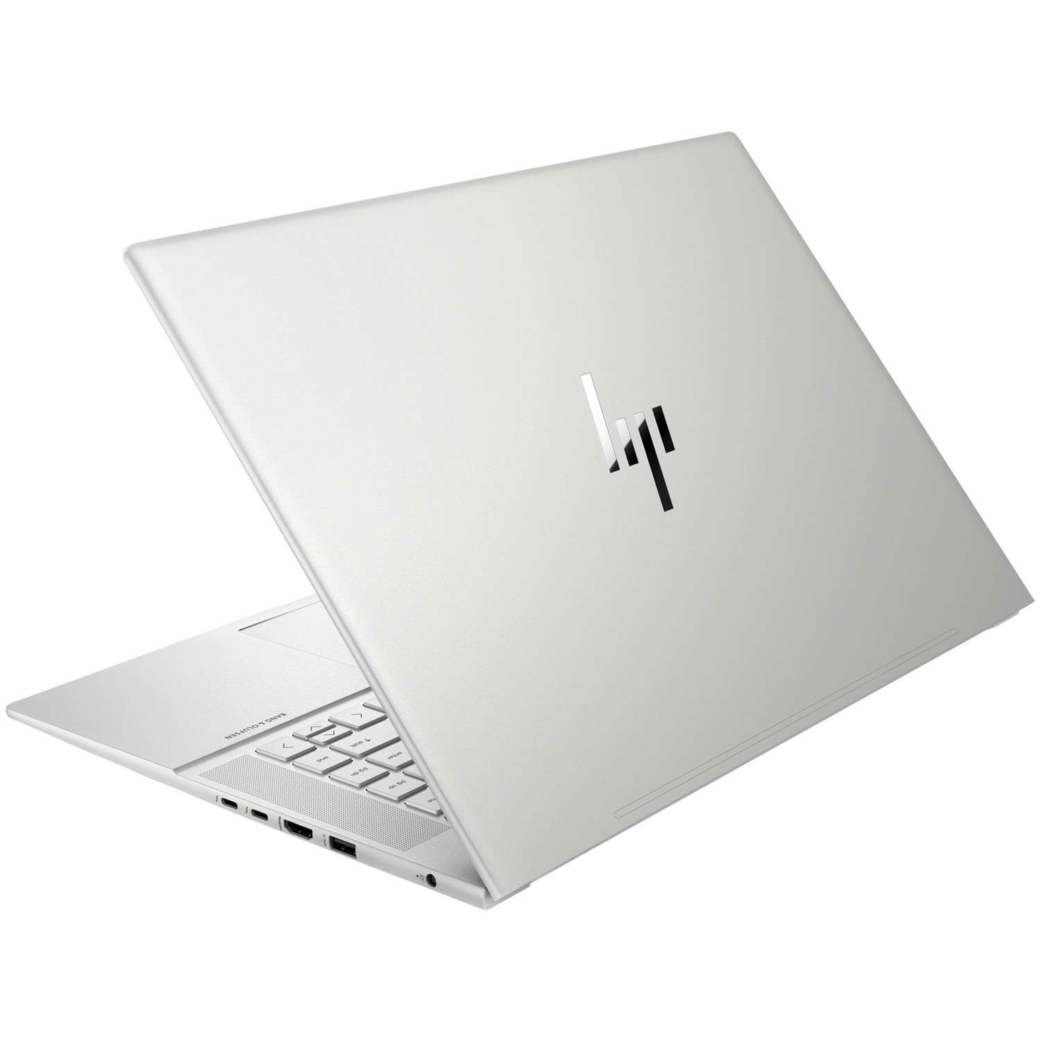 Witte laptop op een witte achtergrond, gekanteld, met logo zichtbaar.