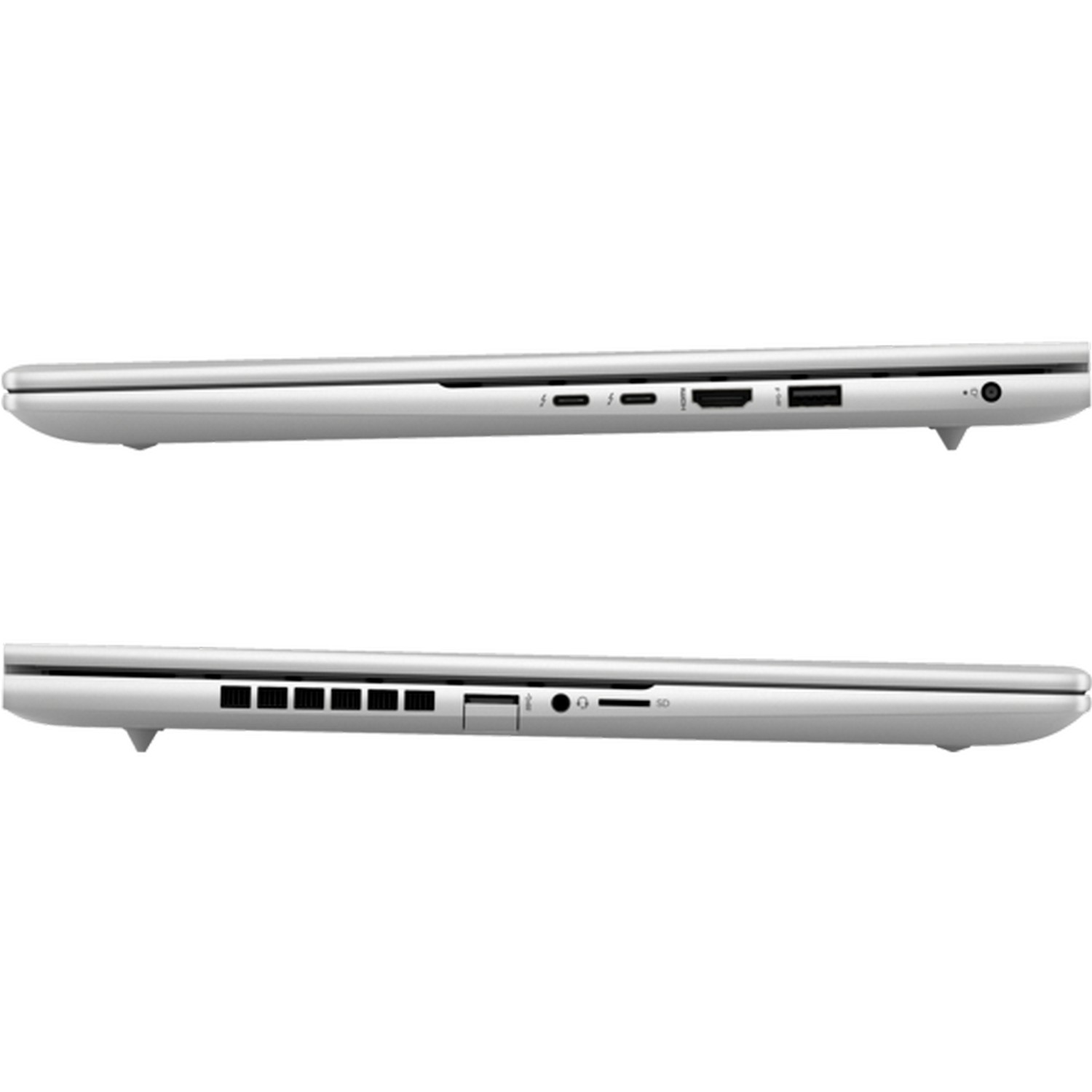 Twee zijaanzichten van een zilveren laptop met poorten en ontwerp.