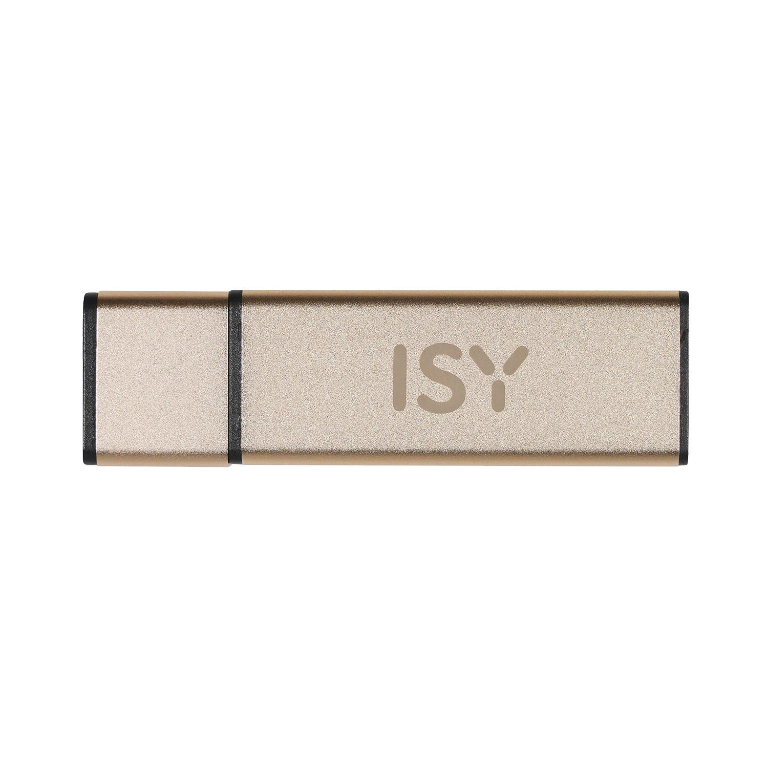 Goldener USB-Stick, ISY-Logo sichtbar, weißer Hintergrund.