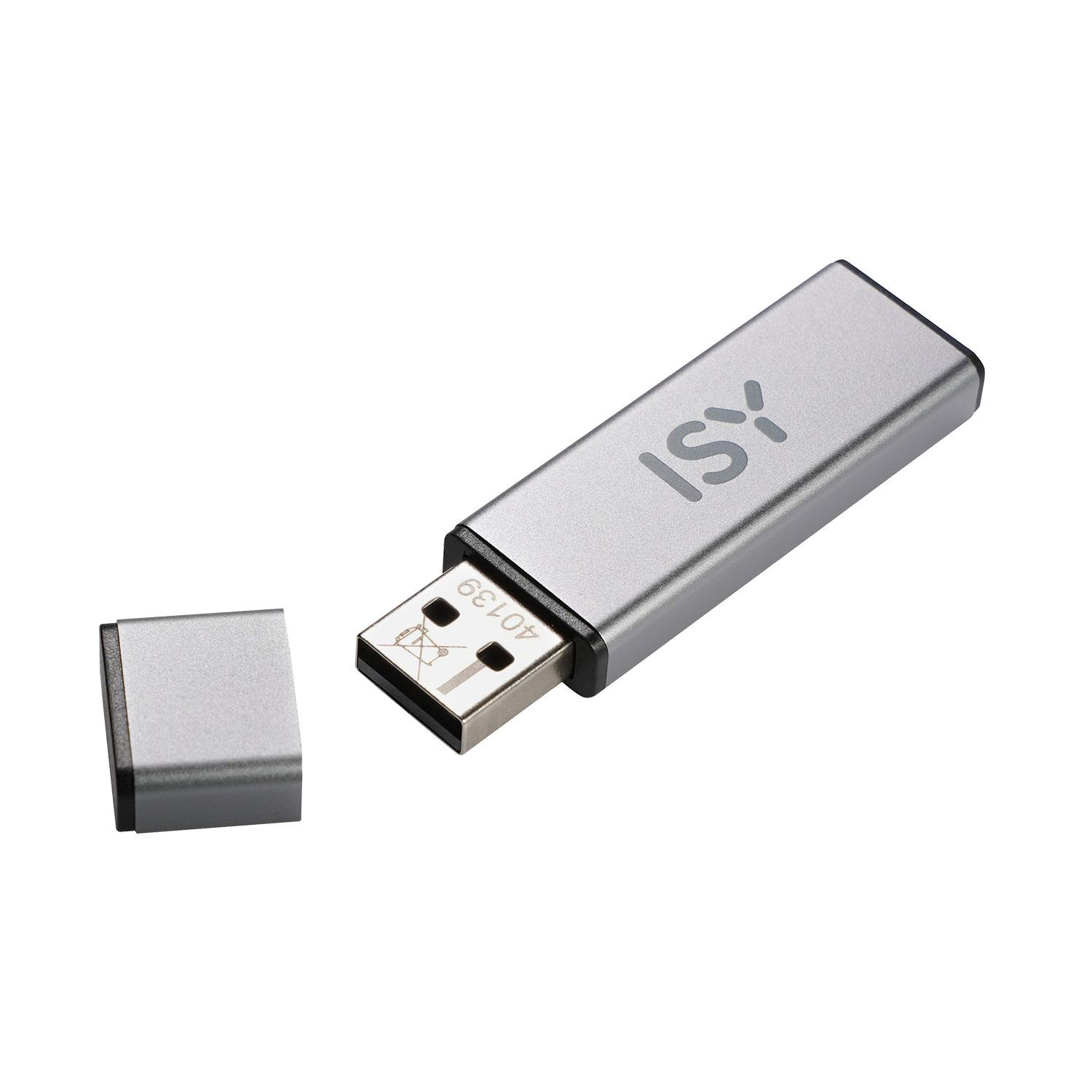 Silberner ISY USB-Stick mit abgenommener Kappe, liegt auf einer weißen Oberfläche.