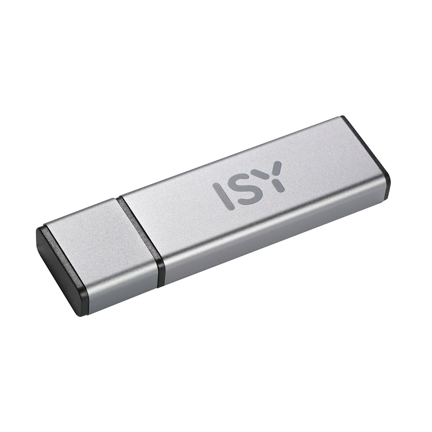 Silberner ISY USB-Stick. Rechteckige Form, ISY-Logo oben. Schwarze Endkappe.