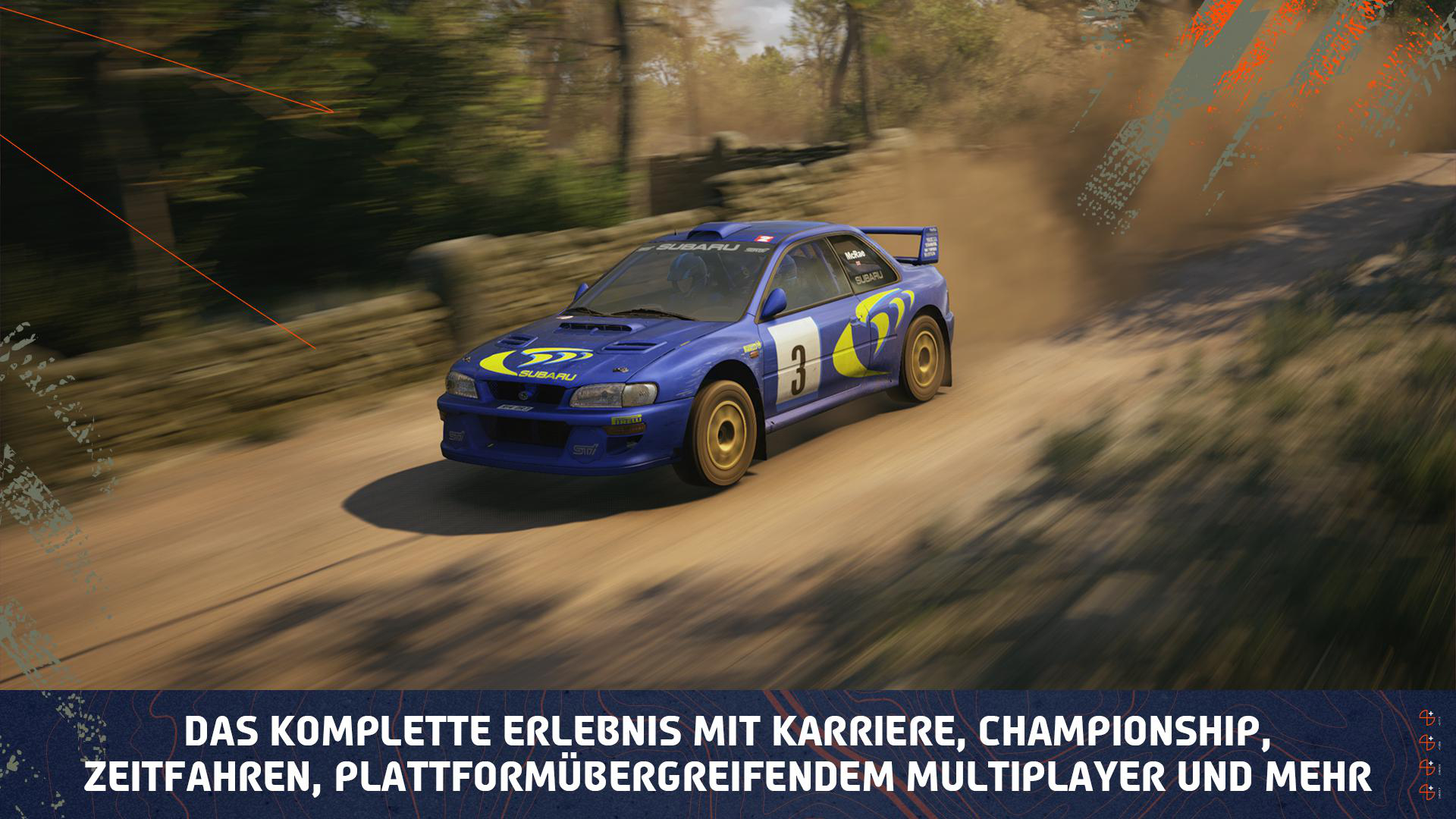 Blauer Subaru Rallye-Wagen auf einer Schotterstraße. Text: Das komplette Erlebnis mit Karriere, Meisterschaft, Multiplayer.