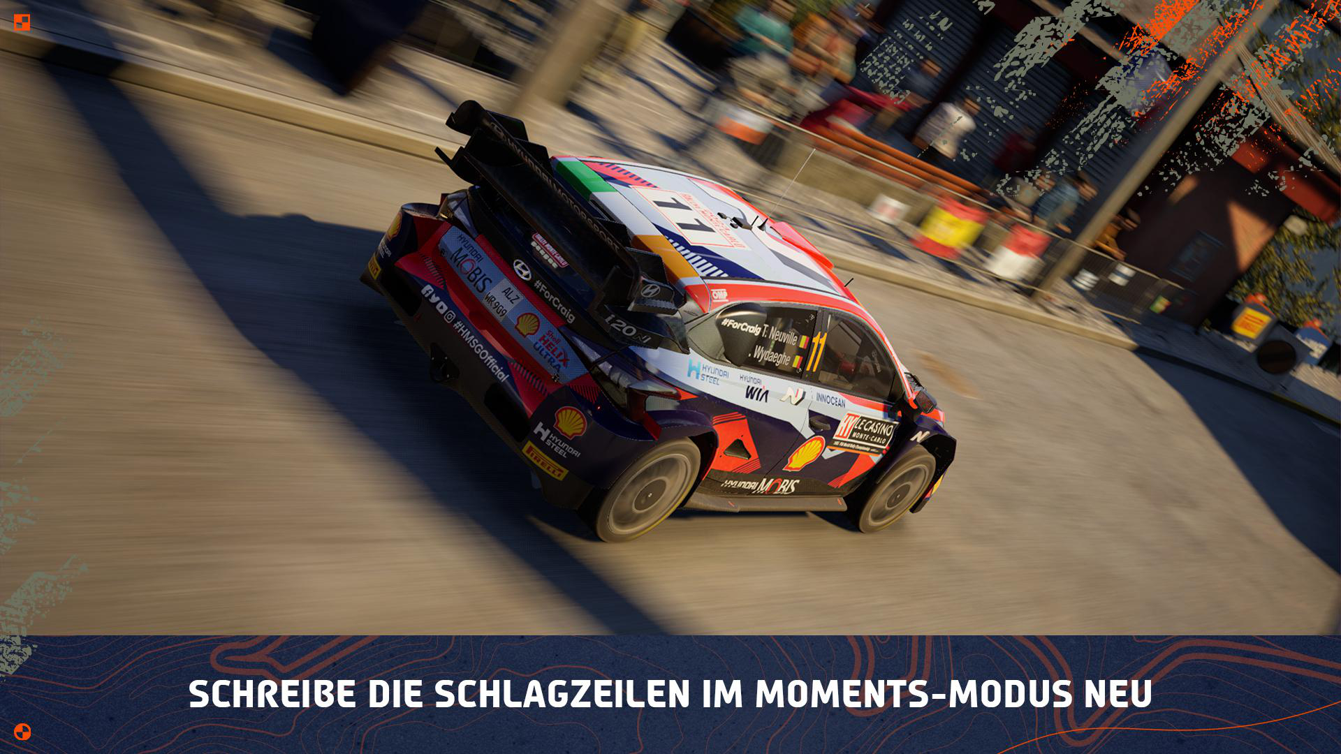 Ein Auto, das um eine Kurve fährt, mit Text am unteren Rand. Das Auto ist in Bewegung.