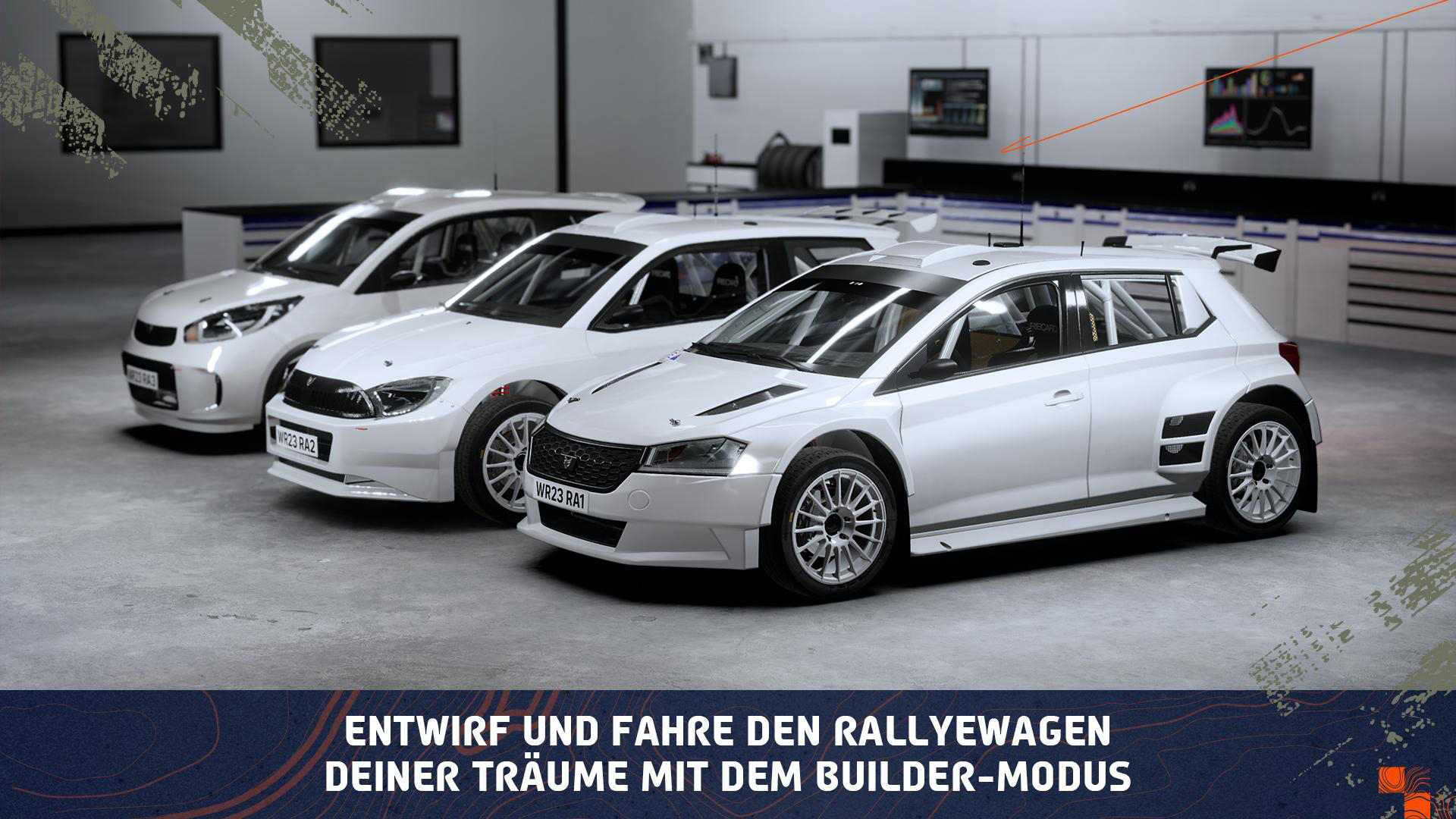 Drei weiße Rallyeautos in einer Garage. Text unten: Rallyeautos entwerfen und fahren.
