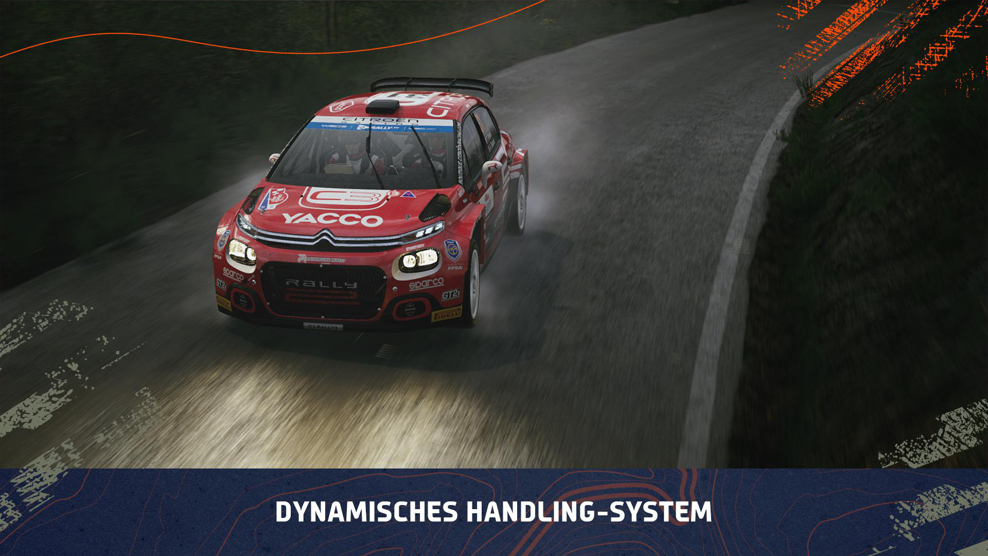 Ein rotes Rallye-Auto auf einer kurvigen Straße bei Nacht. Der Text 'DYNAMISCHES HANDLING-SYSTEM' steht darunter.