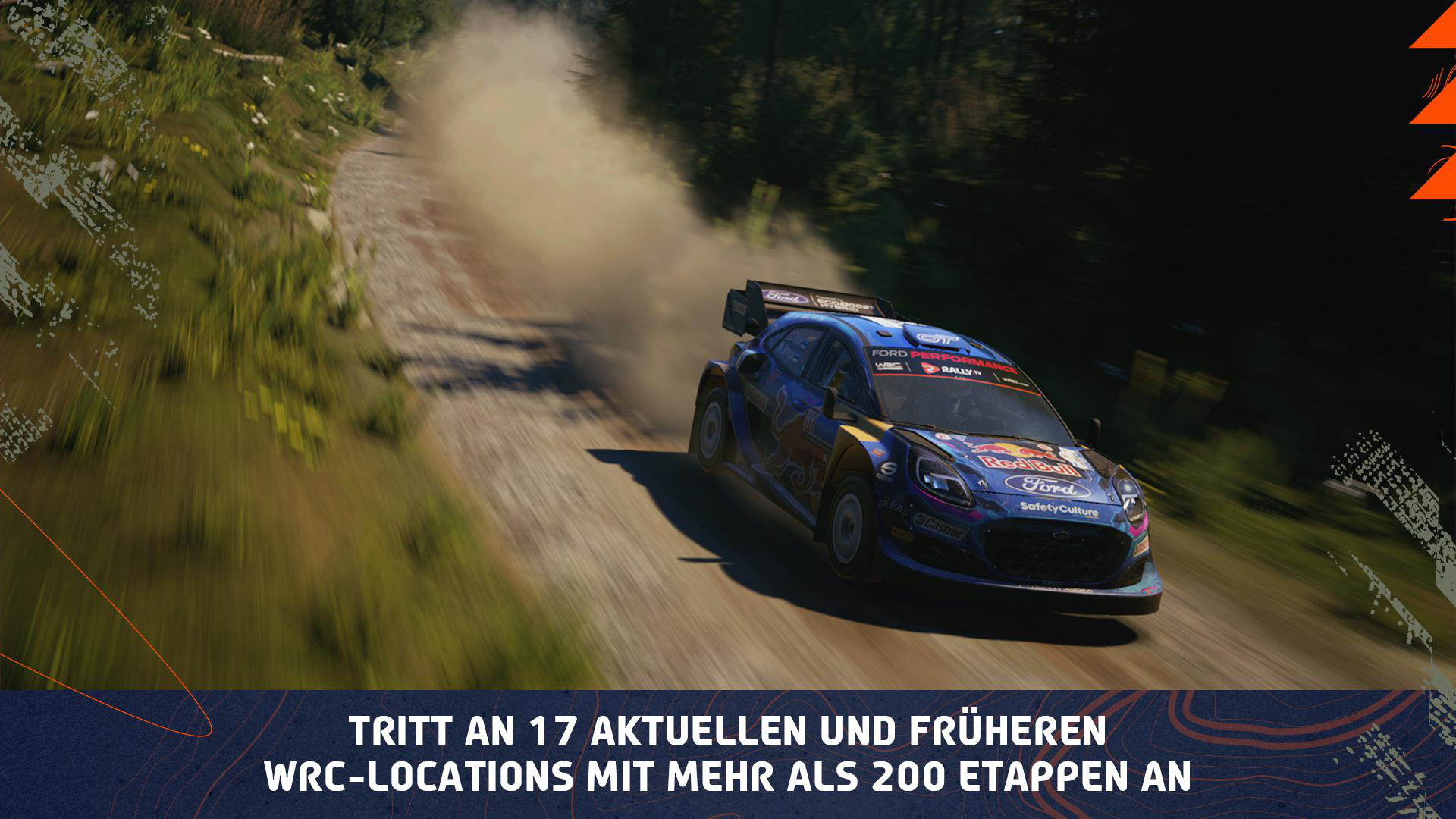 Ein Rallye-Auto auf einer Schotterpiste, das Staub aufwirbelt. Text unten auf Deutsch.
