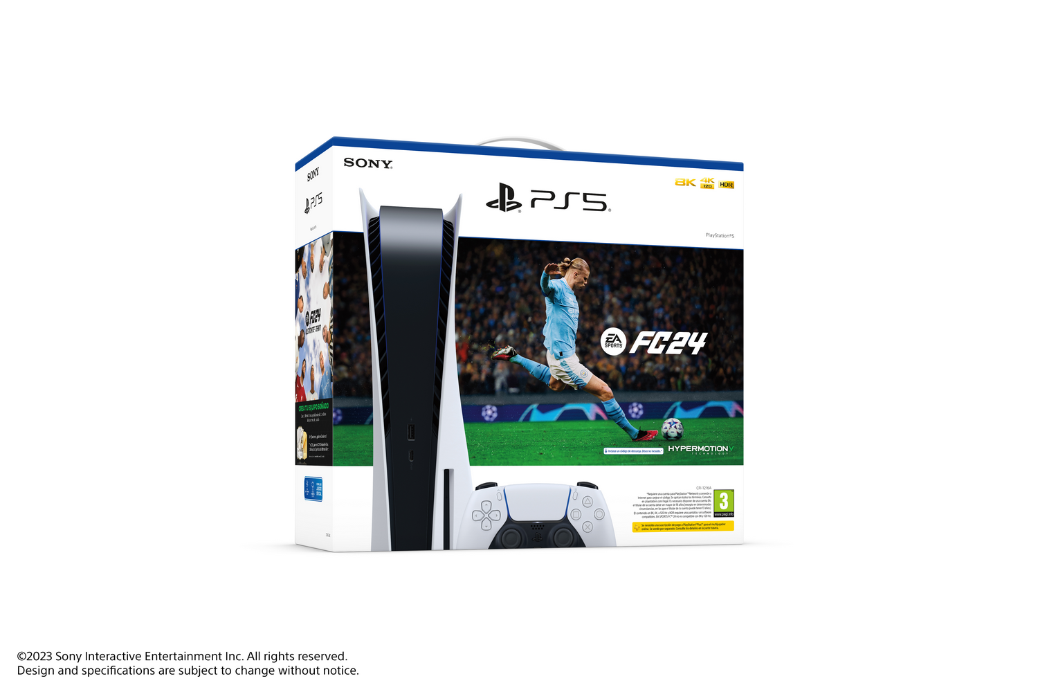 Caja de PlayStation 5 con juego, mando y consola.