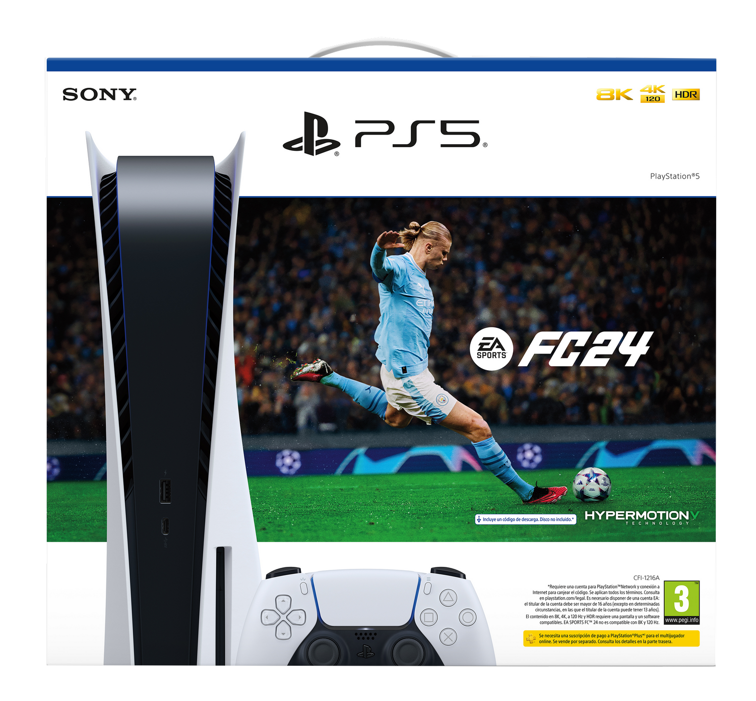 Consola PS5 y mando, con caja de juego FC24. Fondo blanco, imagen de jugador de fútbol.