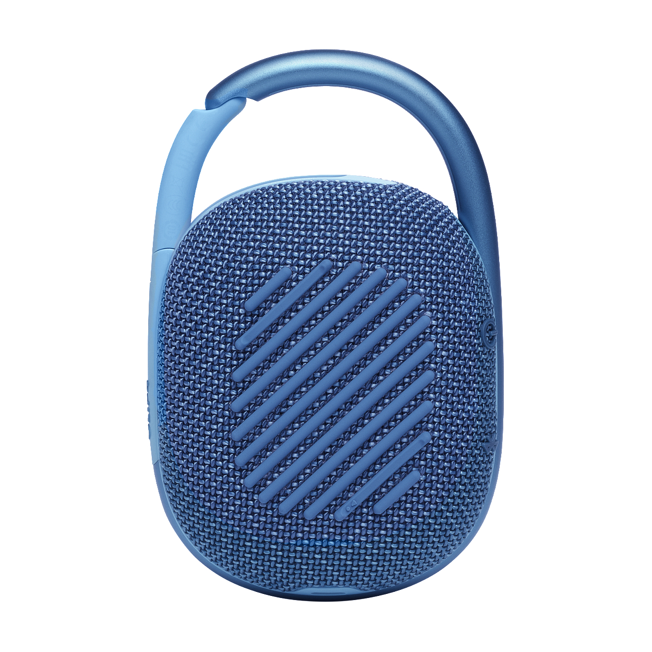 Blauer JBL-Lautsprecher mit Griff. Der Lautsprecher hat eine blaue Mesh-Front. Der Hintergrund ist weiß.