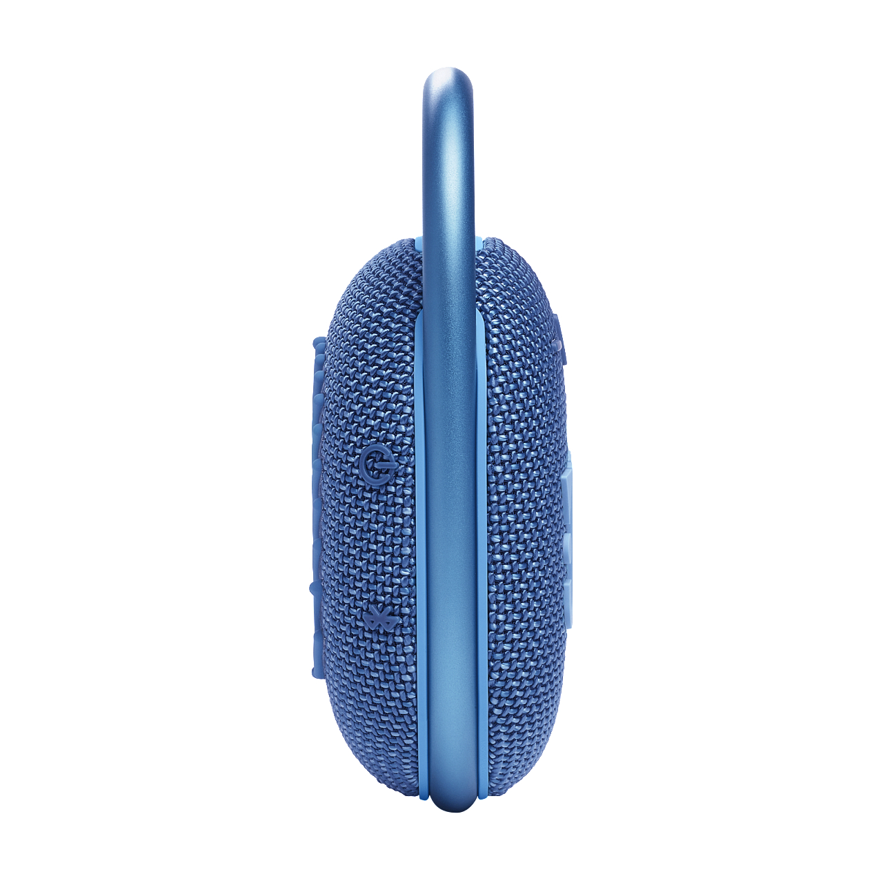 Blauer JBL Clip 4 Lautsprecher mit Griff und Bedientasten.