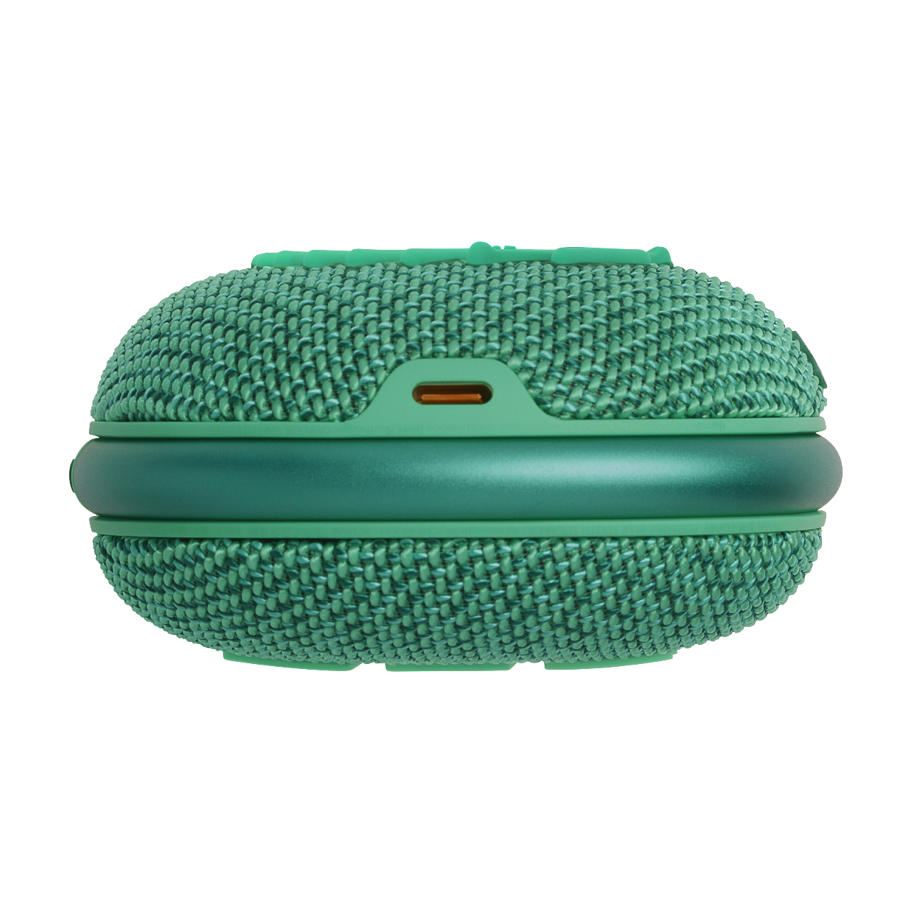 Ein grüner, oval geformter Lautsprecher mit Mesh-Textur. Ein Ladeanschluss ist sichtbar.