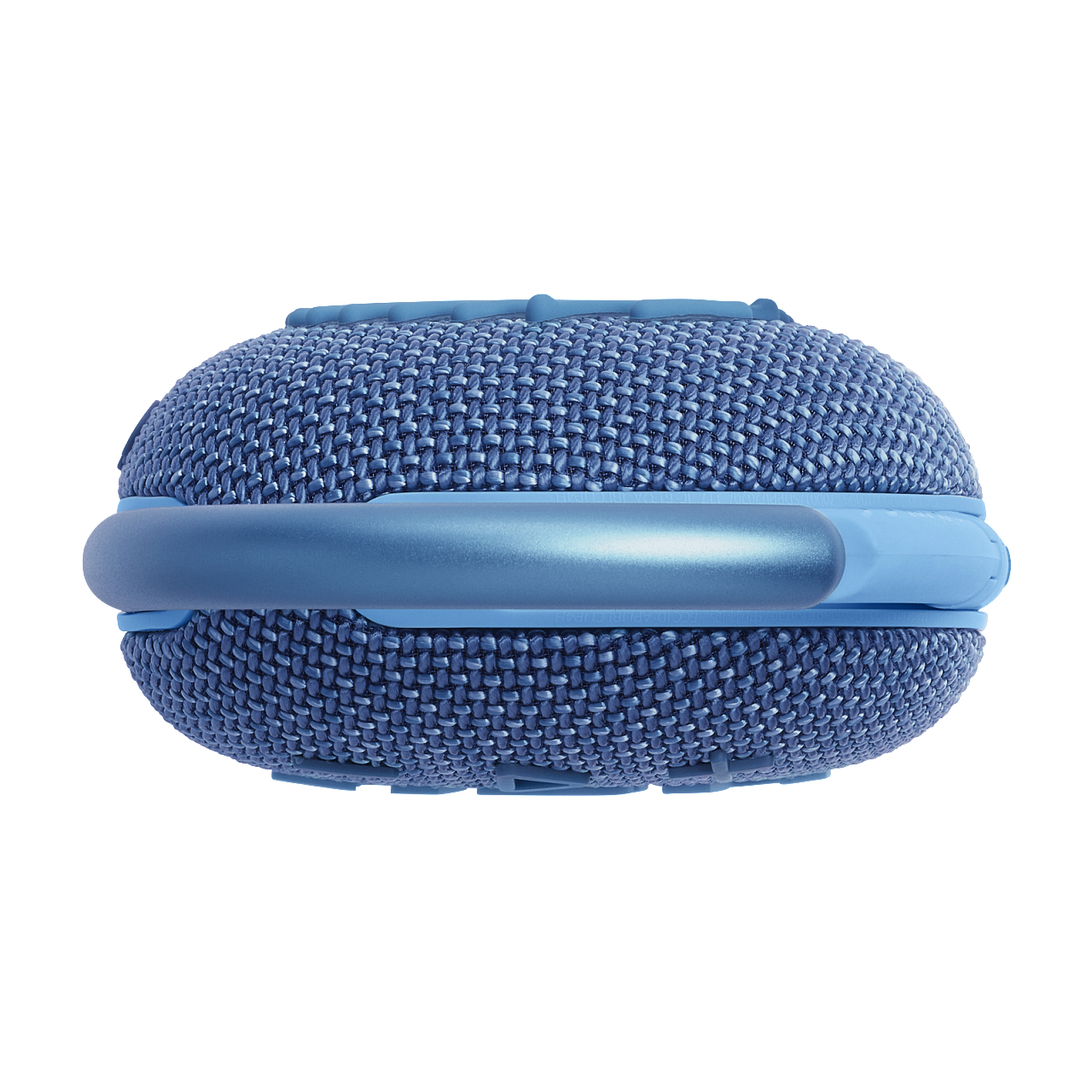 Ein blauer JBL Clip 4 Lautsprecher mit Stoffgeflecht und blauem Kunststoffclip.