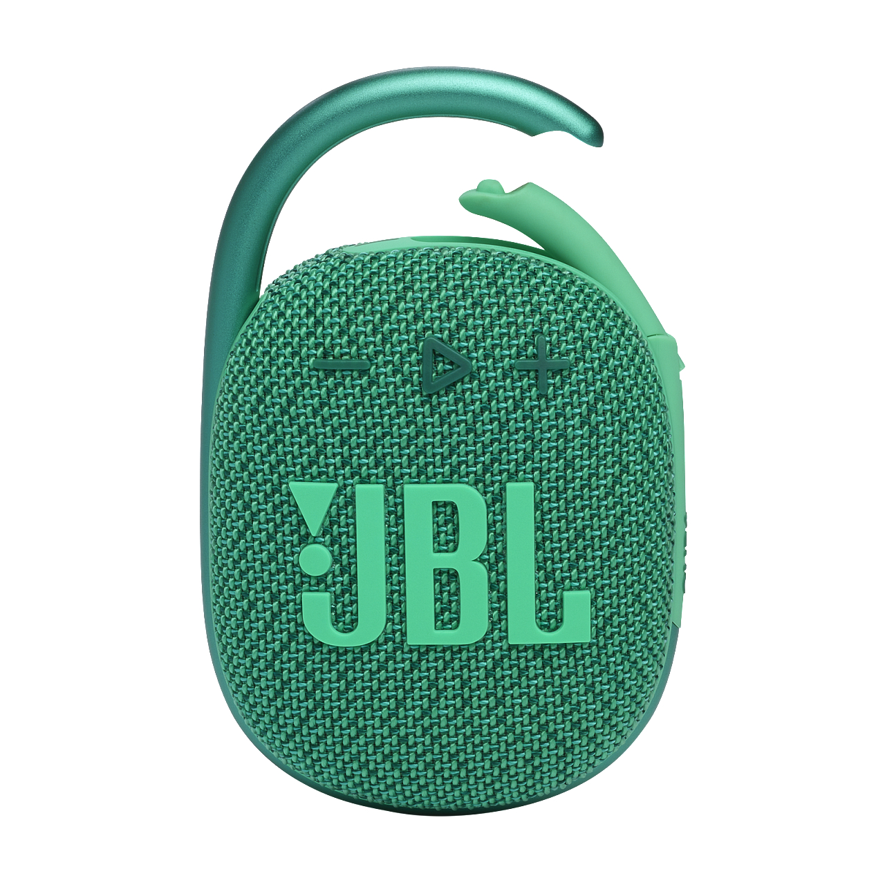 Grüner JBL Clip 4 Lautsprecher mit Karabinerhaken und JBL-Logo. Nahaufnahme.