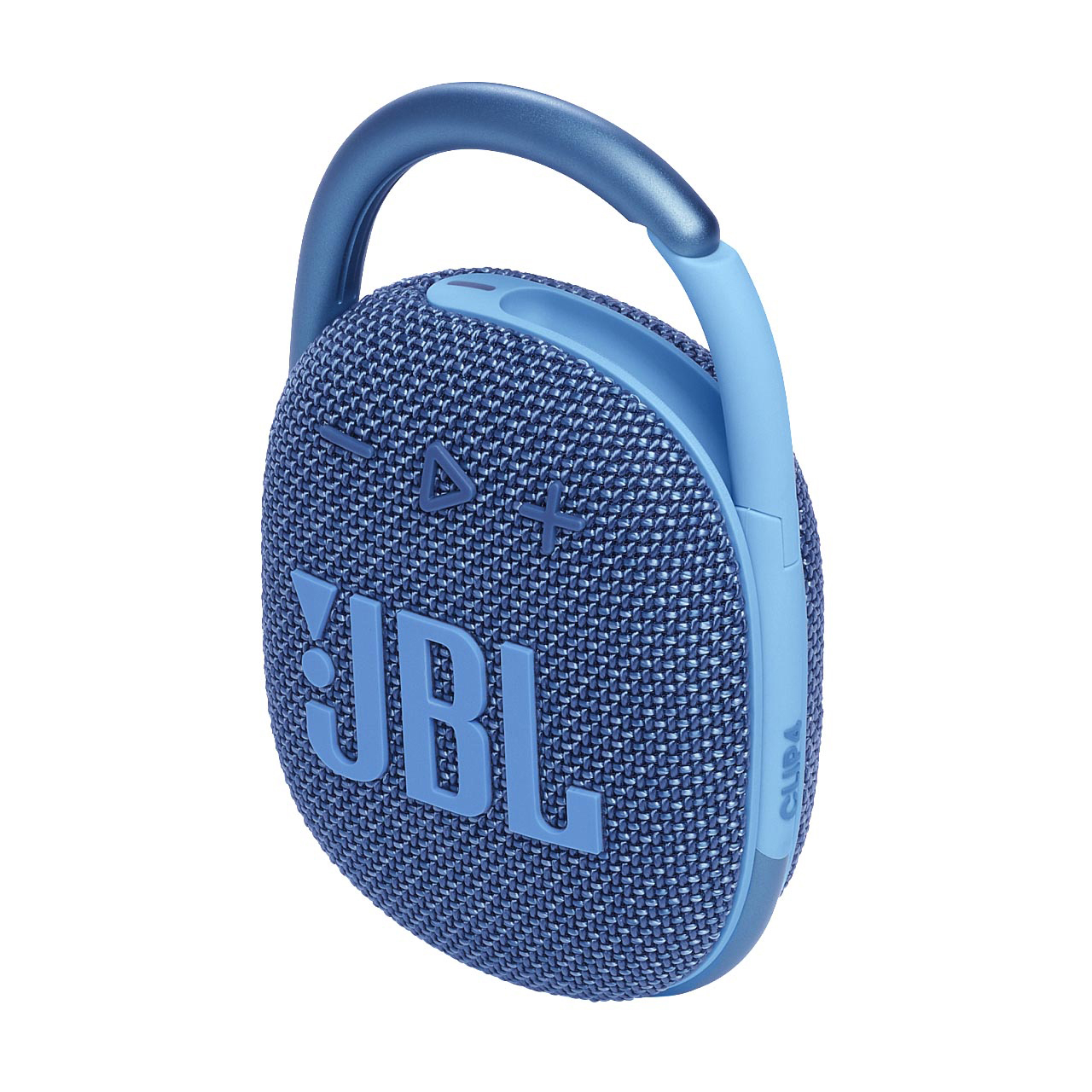 Blauer JBL Clip 4 Lautsprecher. Er ist rund, mit Mesh-Abdeckung und oberem Clip-Griff.