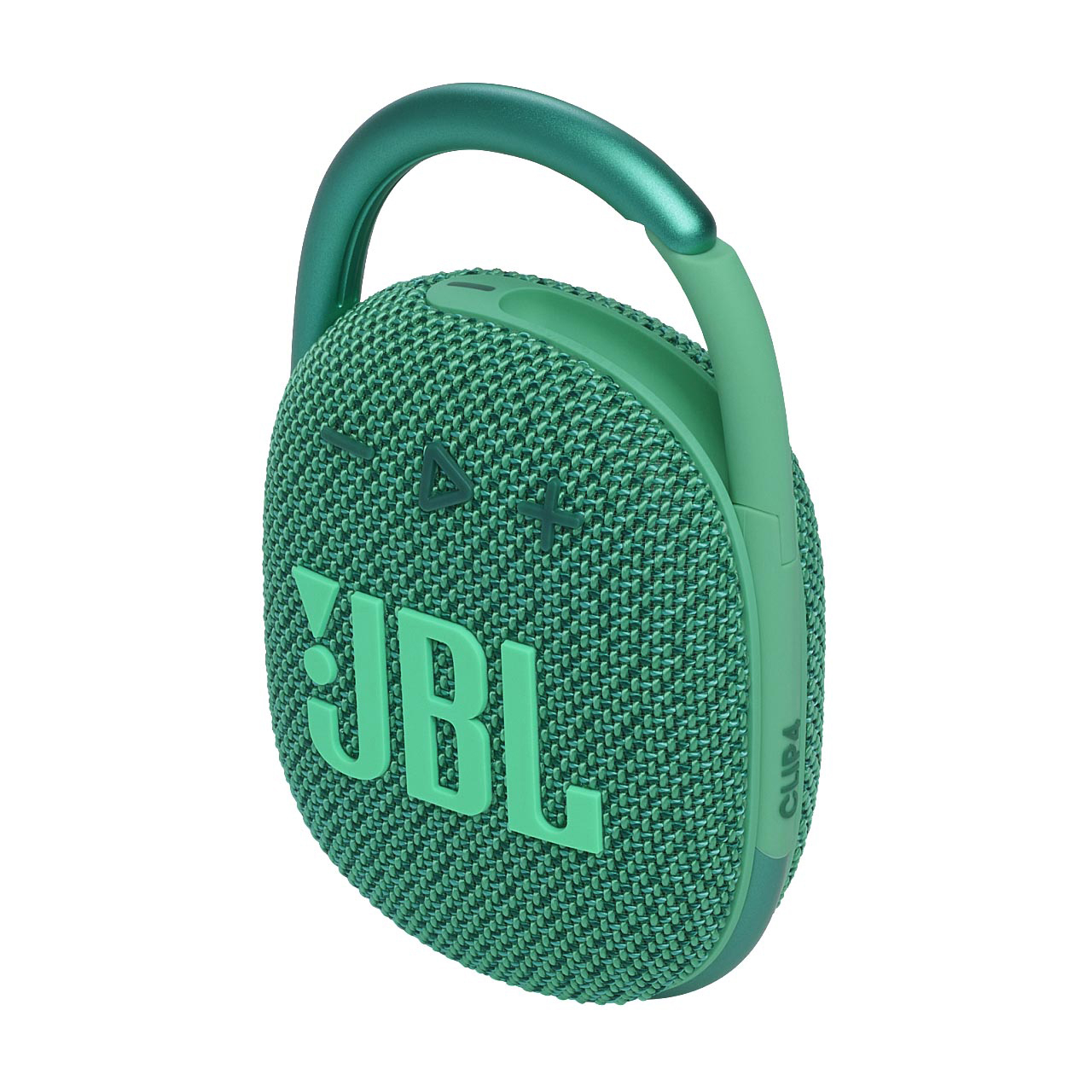 Ein grüner JBL Clip 4-Lautsprecher. Er hat eine grüne Schlaufe zum Aufhängen, vor weißem Hintergrund.