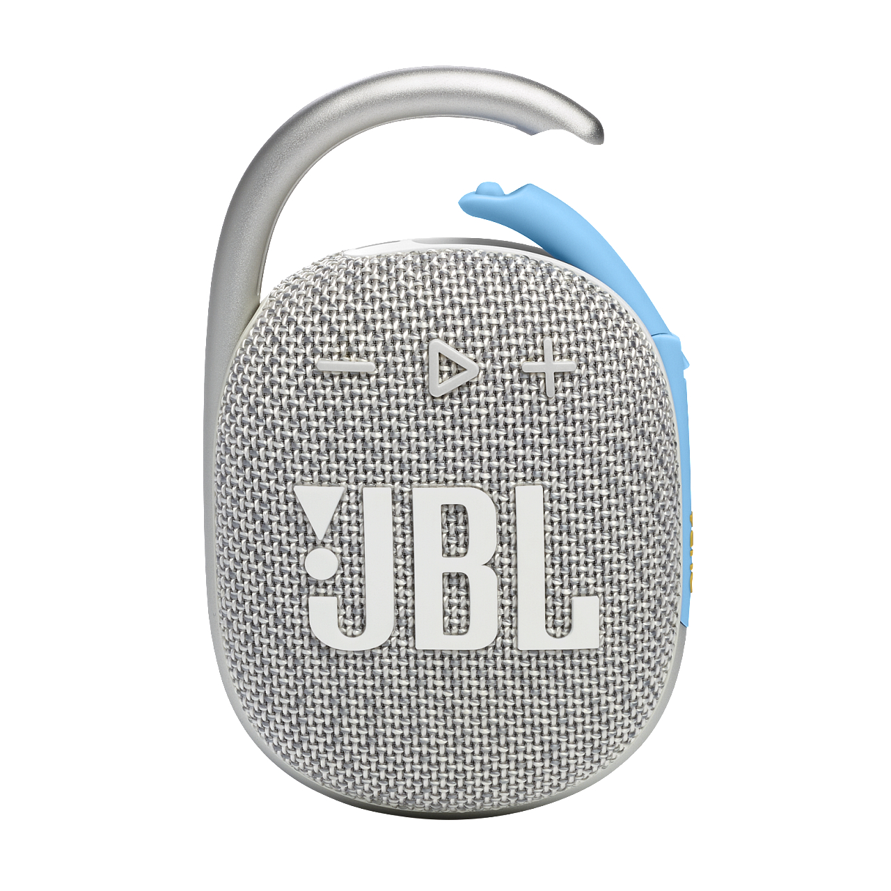 Weiß-grauer JBL Clip 4-Lautsprecher mit silbernem Clip und blauem Akzent. JBL-Logo sichtbar.