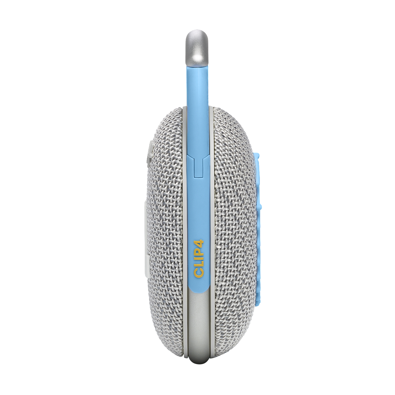 Seitenansicht eines kleinen JBL-Lautsprechers. Es ist weiß mit blauen Akzenten.