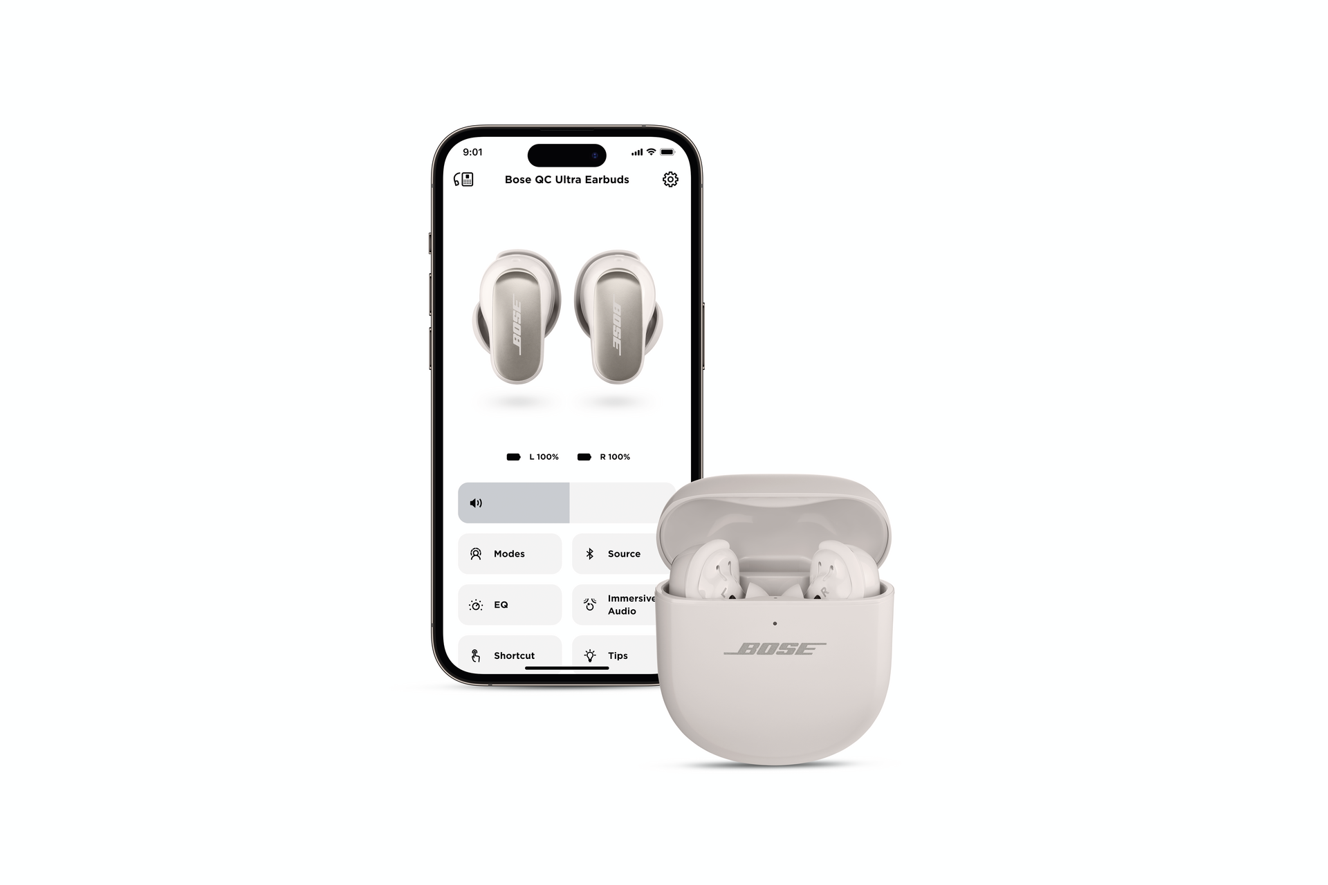 Bose-Ohrhörer auf einem Telefonbildschirm und in ihrem Ladeetui. Weißer Hintergrund.