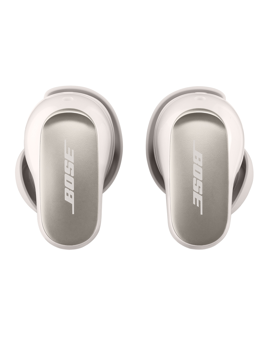 Paar weiße Bose Ohrhörer. Sie haben silberne Akzente und Bose-Branding darauf.