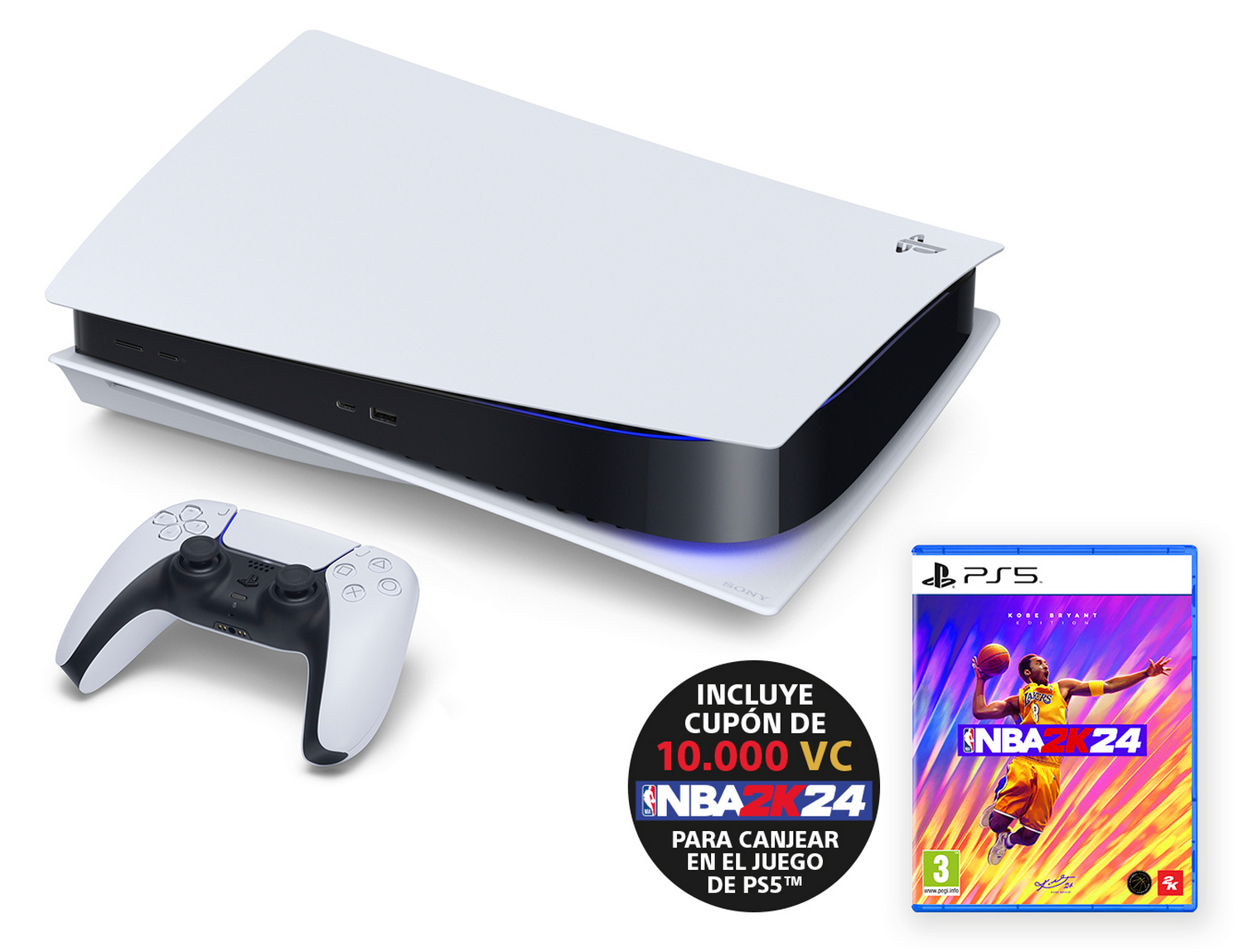 Una consola PS5 blanca con un mando y el juego NBA 2K24.