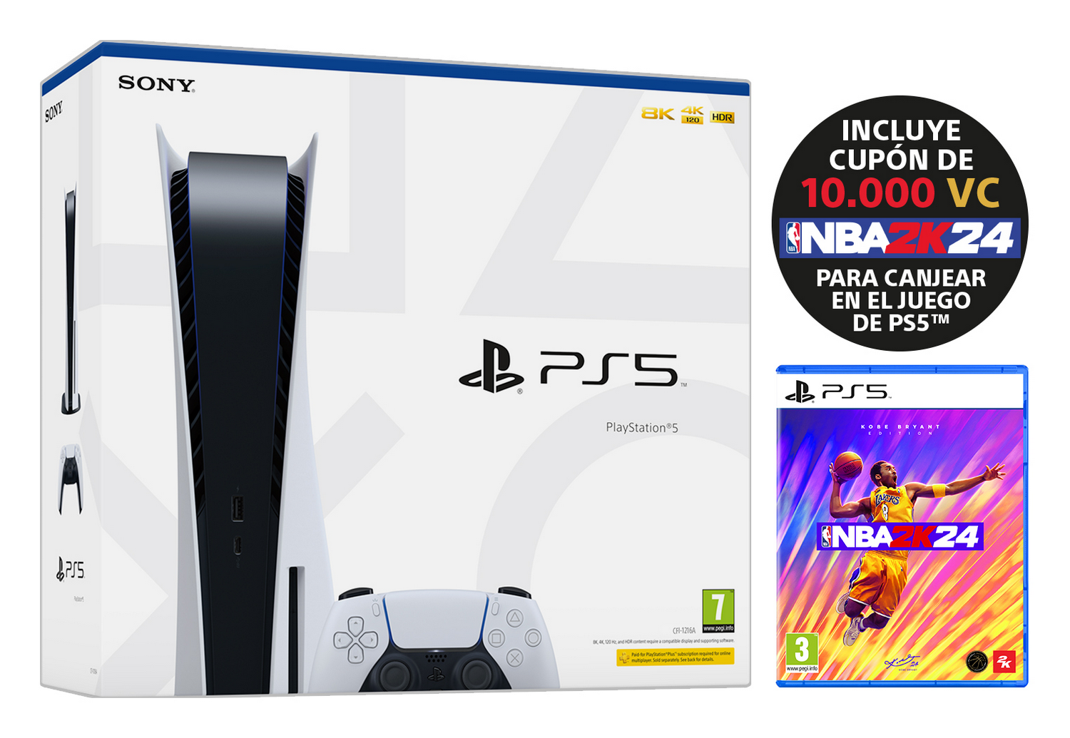 Caja de PlayStation 5 con un juego y un controlador. La caja es blanca con elementos negros.