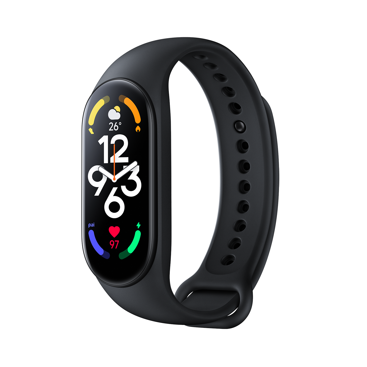 Un rastreador de fitness negro muestra la hora, estadísticas y frecuencia cardíaca sobre fondo negro.
