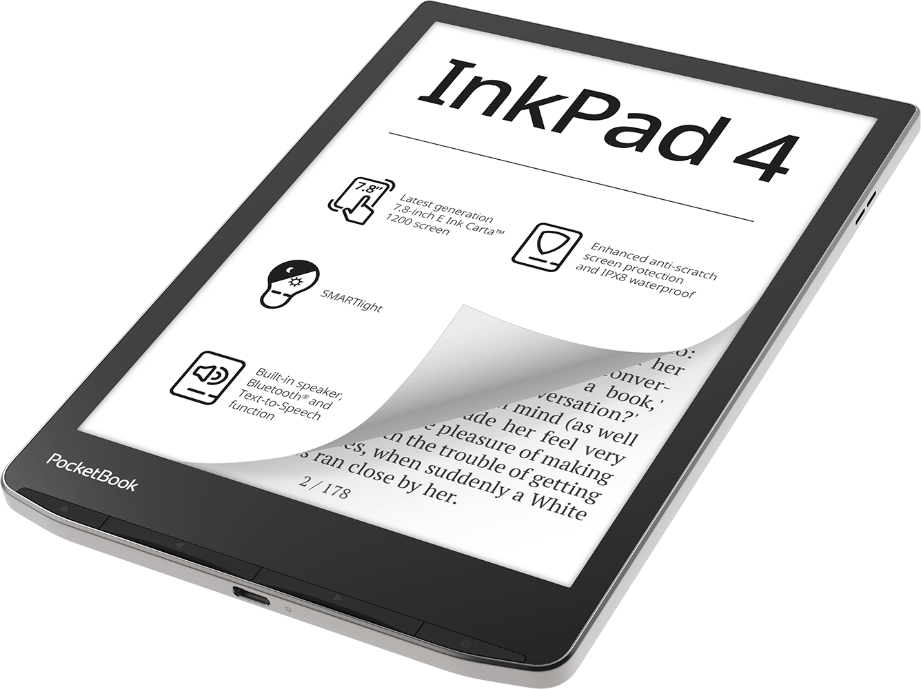 Egy InkPad 4 e-könyv olvasó. A képernyő egy könyvoldalt mutat szöveggel és oldalszámokkal.