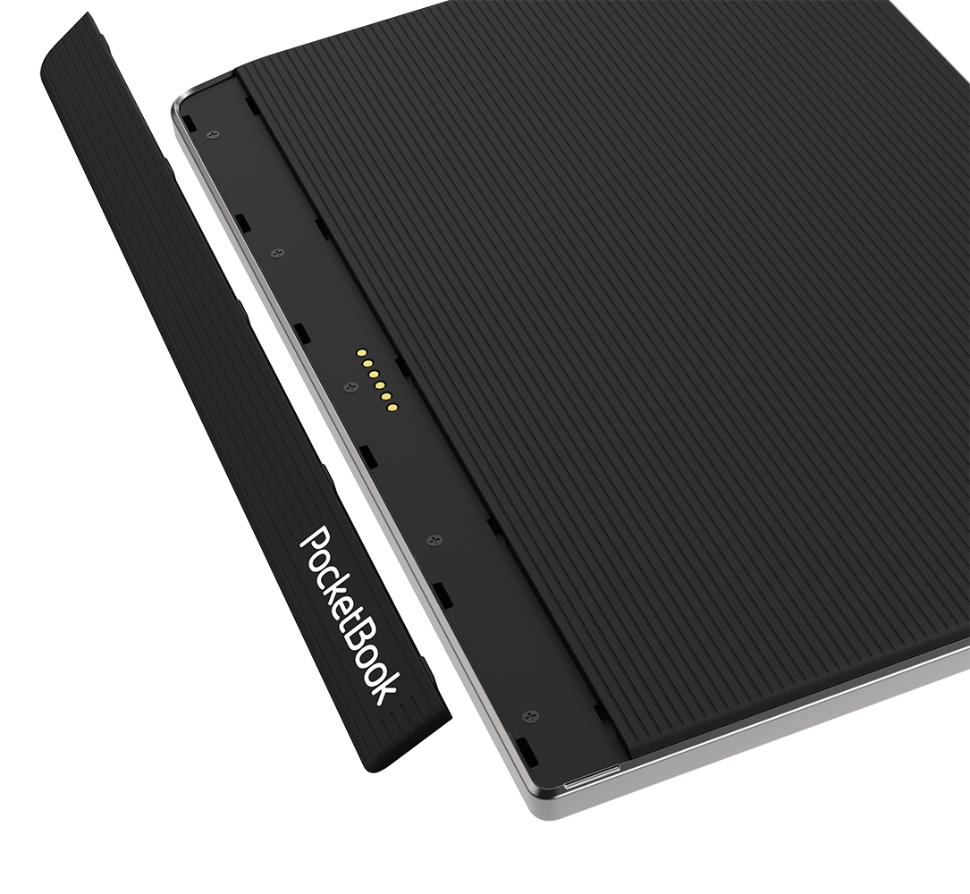 Tablet fekete képernyővel és oldalsó résszel, PocketBook márkajelzéssel.