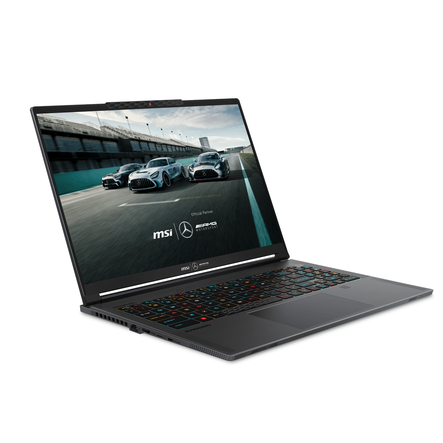 Laptop MSI abierto, mostrando coches corriendo en una pista con el logo de MSI.