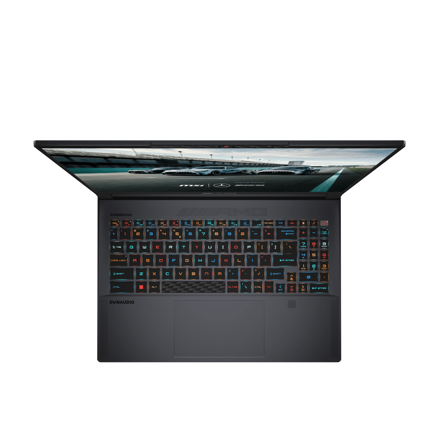 Vista superior de un portátil negro con un teclado colorido iluminado, fondo blanco.