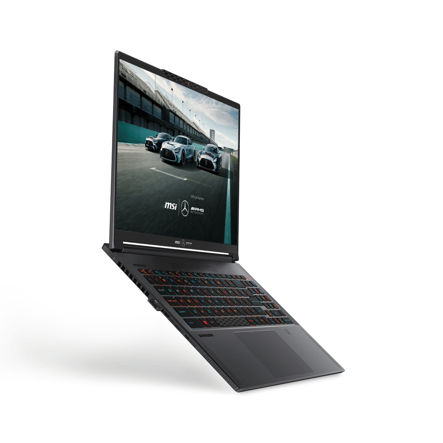 Una laptop MSI negra con una escena de carreras Mercedes-AMG en la pantalla.