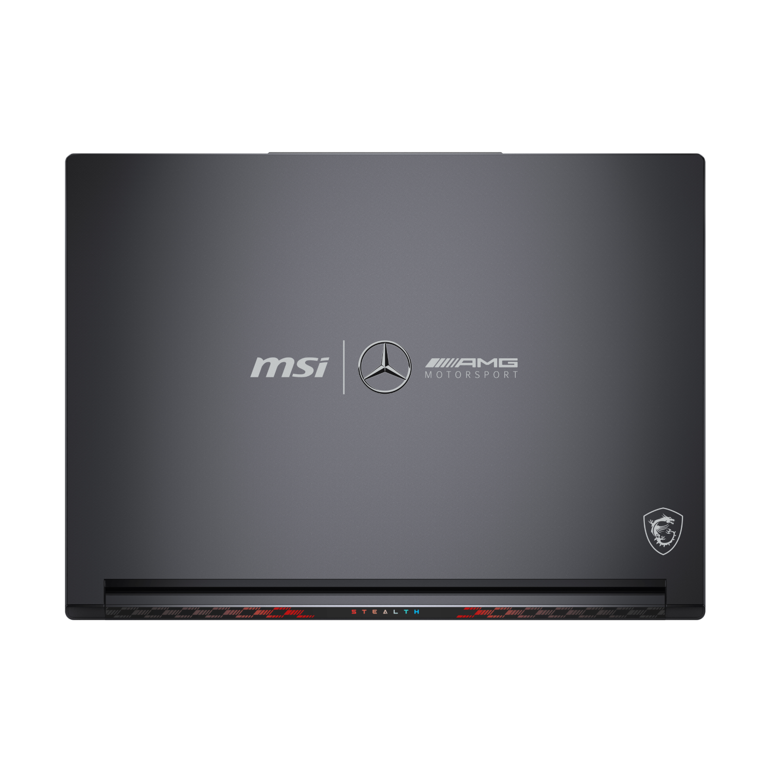 La parte superior de un portátil MSI gris con el logotipo de MSI y AMG y una raya roja abajo.