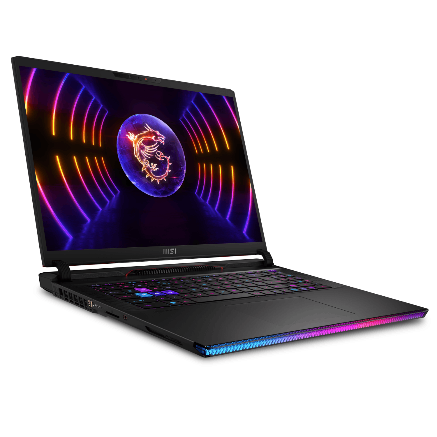 Un portátil MSI negro abierto sobre una superficie blanca. La pantalla muestra un logotipo.