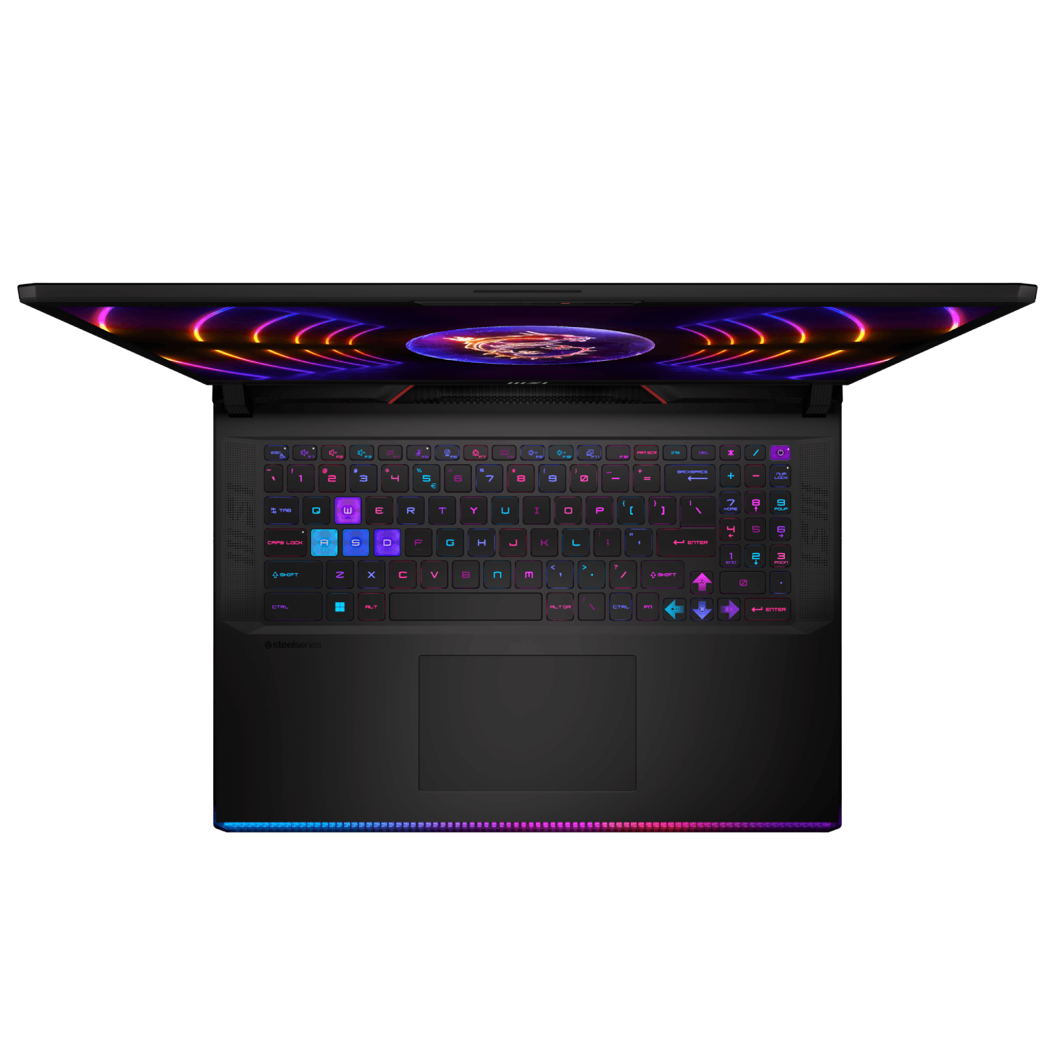 Un portátil con tapa negra abierta, teclado con teclas multicolor y un panel táctil negro.
