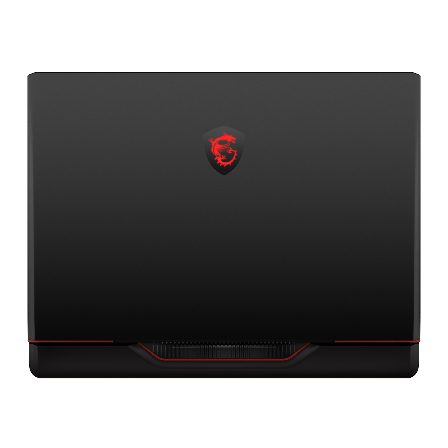 Ordenador portátil negro, vista superior, con logotipo rojo.