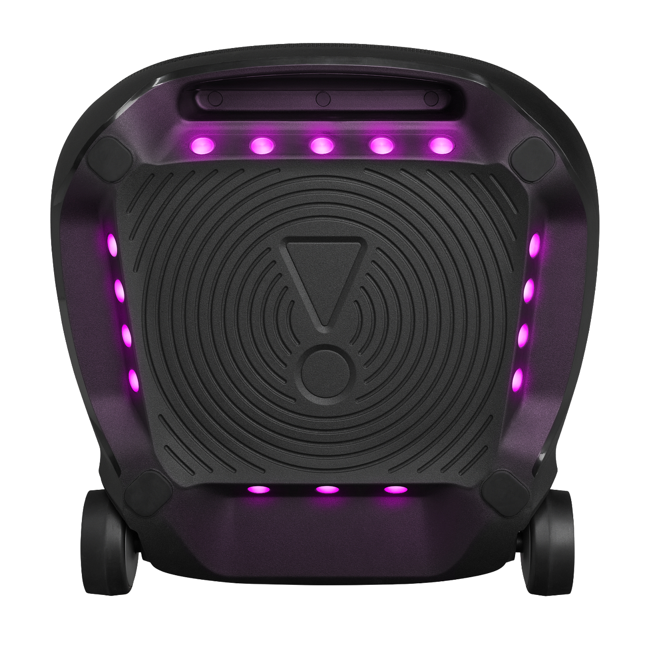 Schwarzer Lautsprecher mit lilafarbenen Lichtern. Er hat ein kreisförmiges Design, Räder und ein JBL-Logo. Lichter sind um die Kanten.