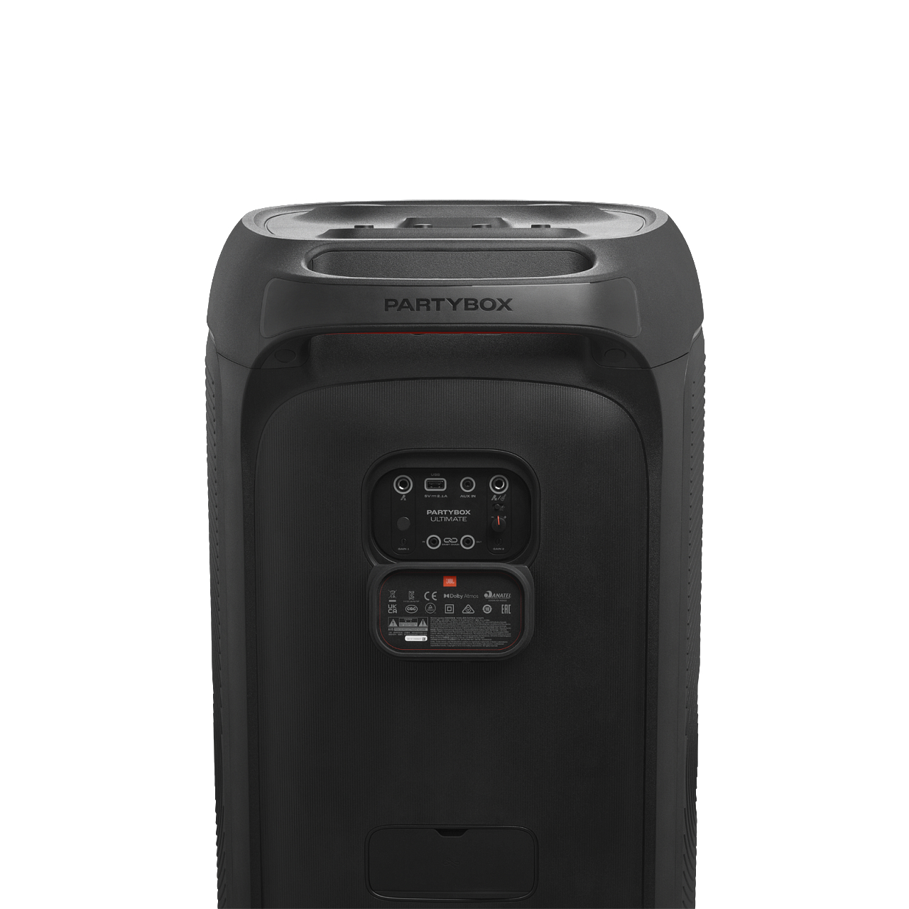 Schwarzer JBL Partybox Ultimate-Lautsprecher mit Bedienfeld und Markenlogo.