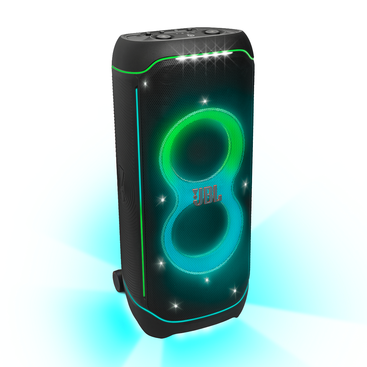 Ein schwarzer JBL-Lautsprecher mit grün-blauen Leuchteffekten. Der Lautsprecher hat eine Netzfront mit einem beleuchteten Acht-Design.