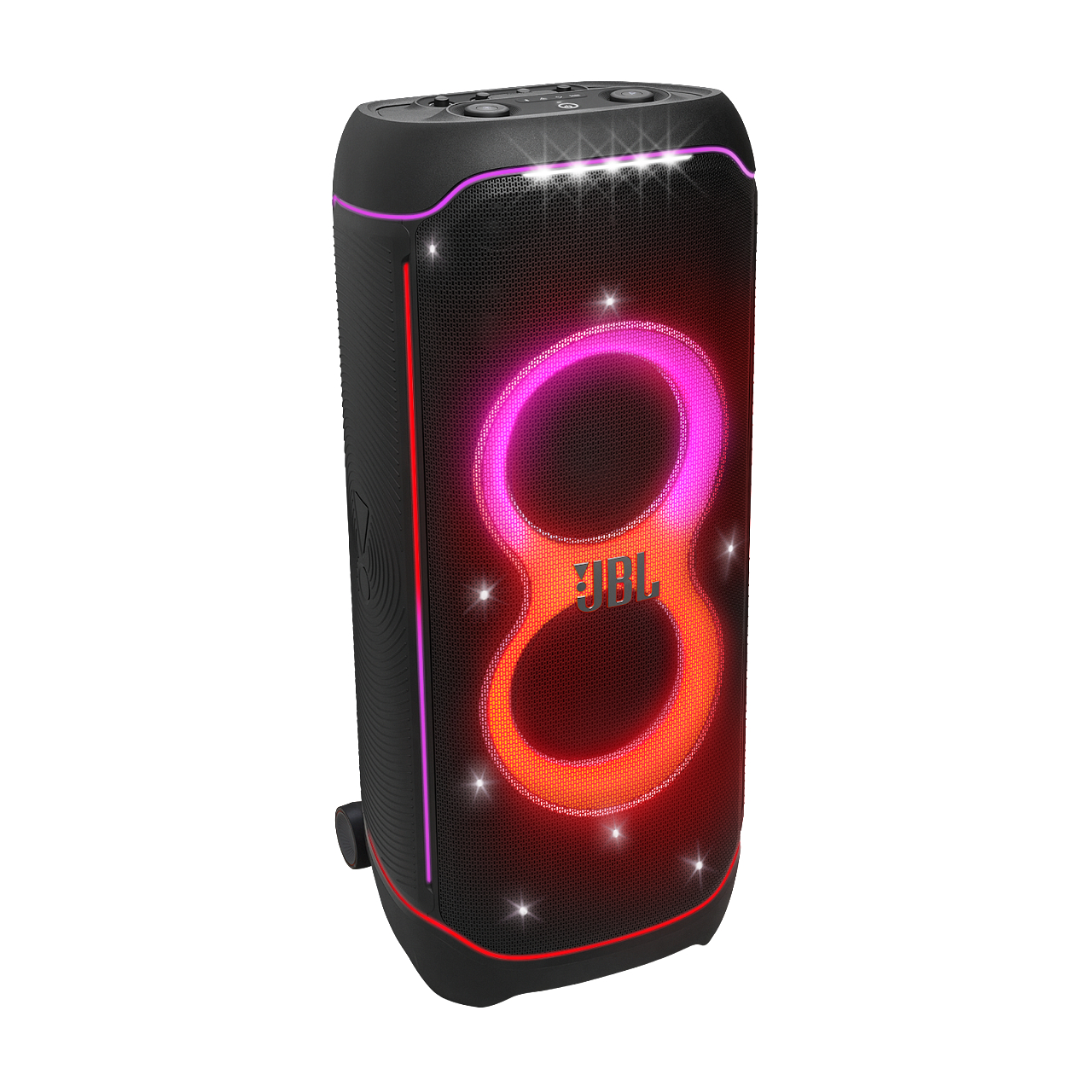 Schwarzer JBL-Lautsprecher mit leuchtendem 8er-Design in Pink und Orange. Der Lautsprecher hat eine Mesh-Front und Bedienelemente oben.